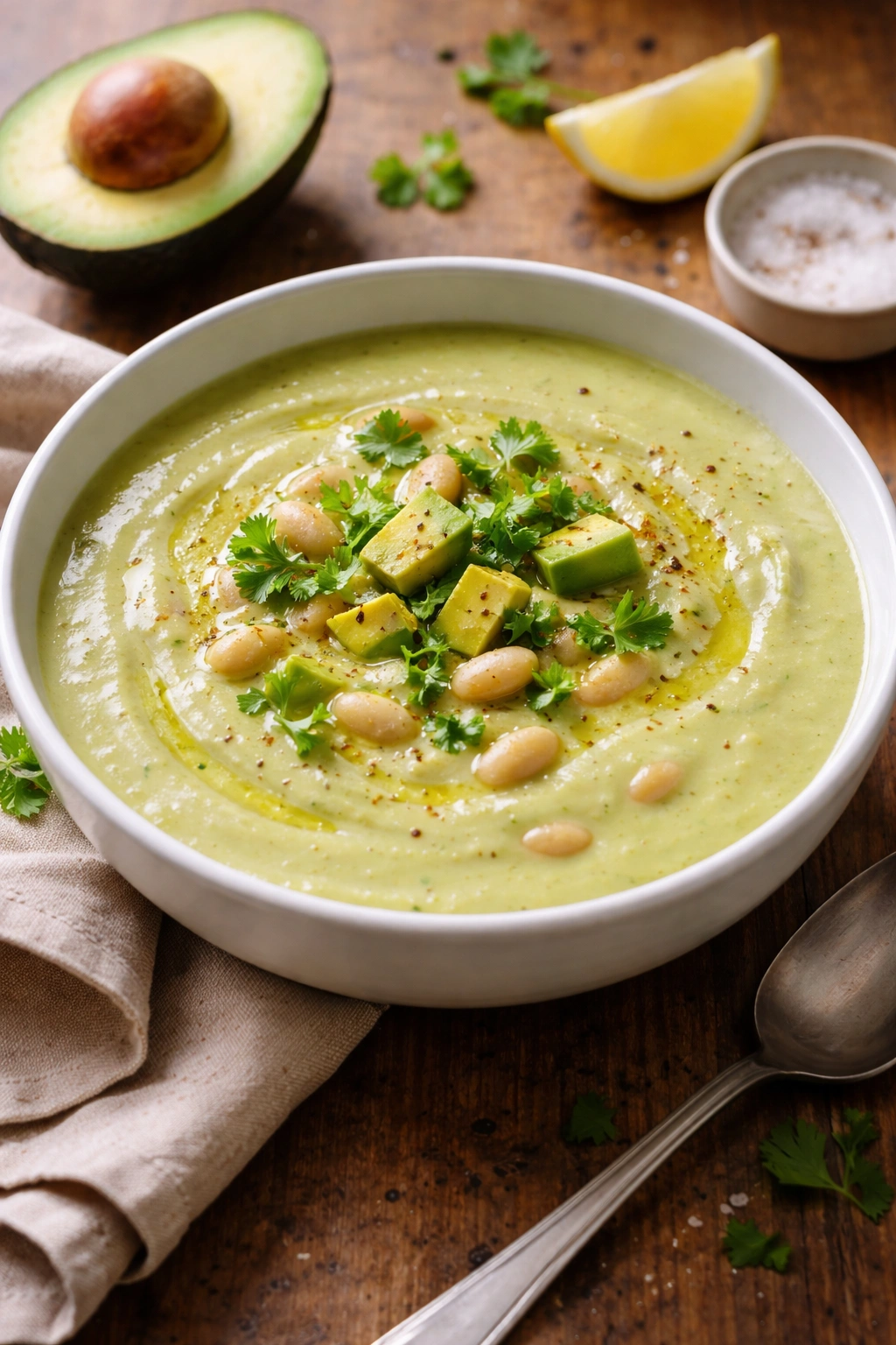Creamy avocado and white bean soup in a bowl with a minimalist background