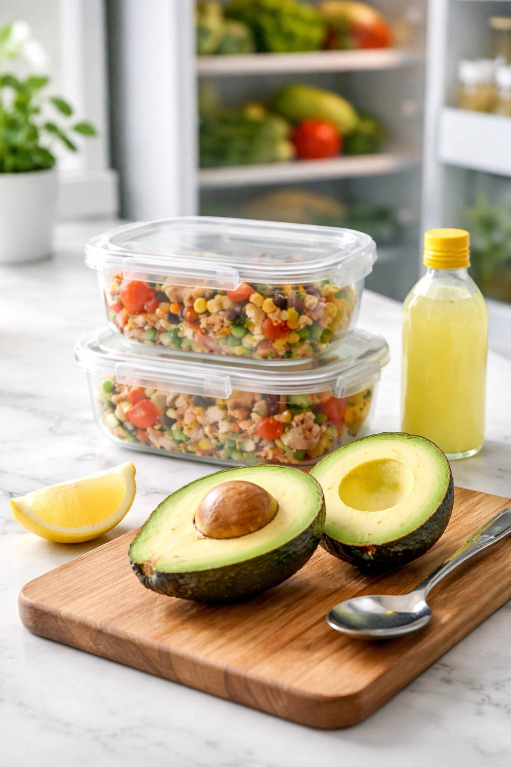 Halved avocado with lemon juice, airtight containers of fillings, and lemon bottle on bright kitchen counter