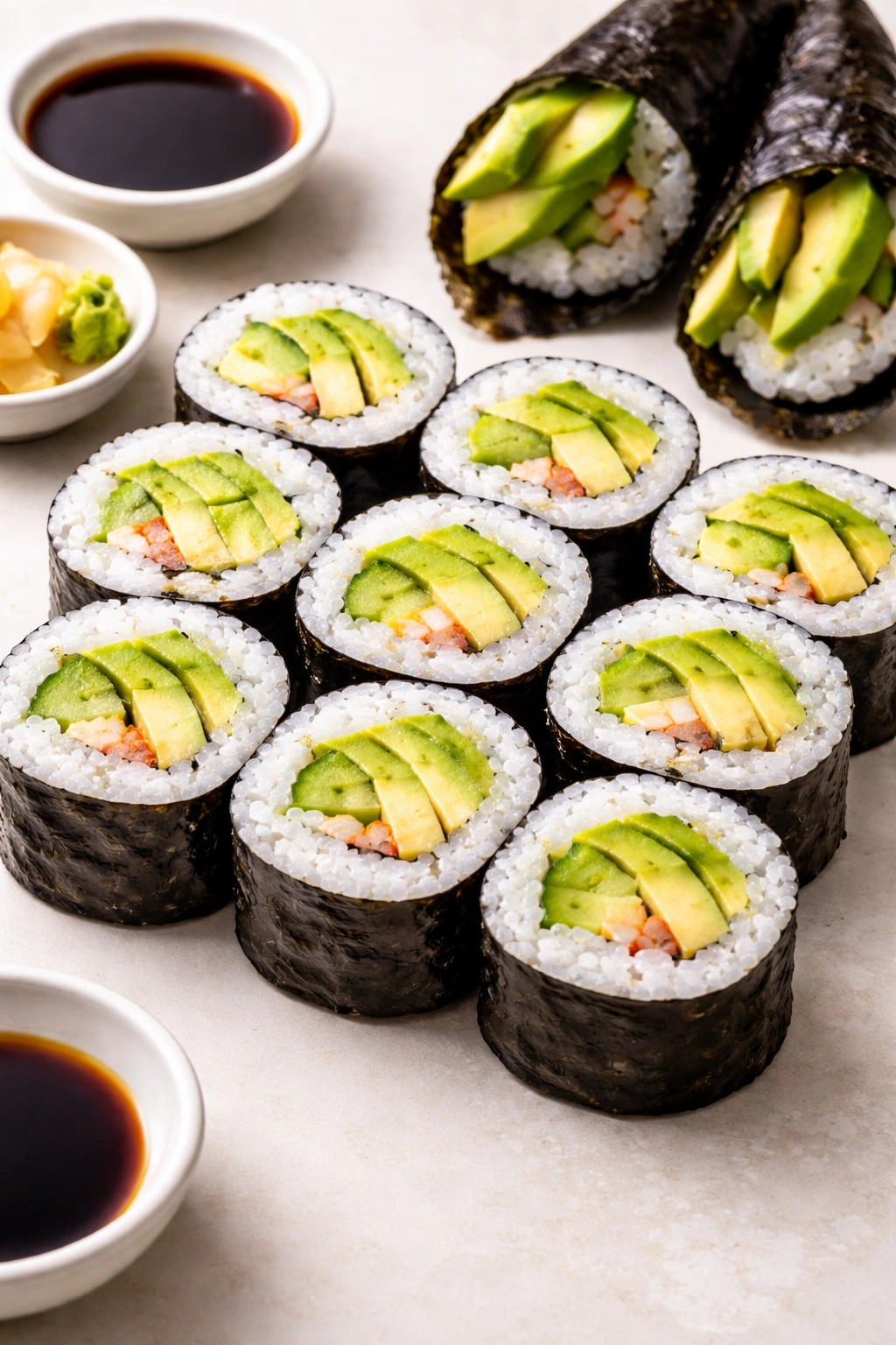 Avocado sushi rolls arranged neatly on a neutral surface
