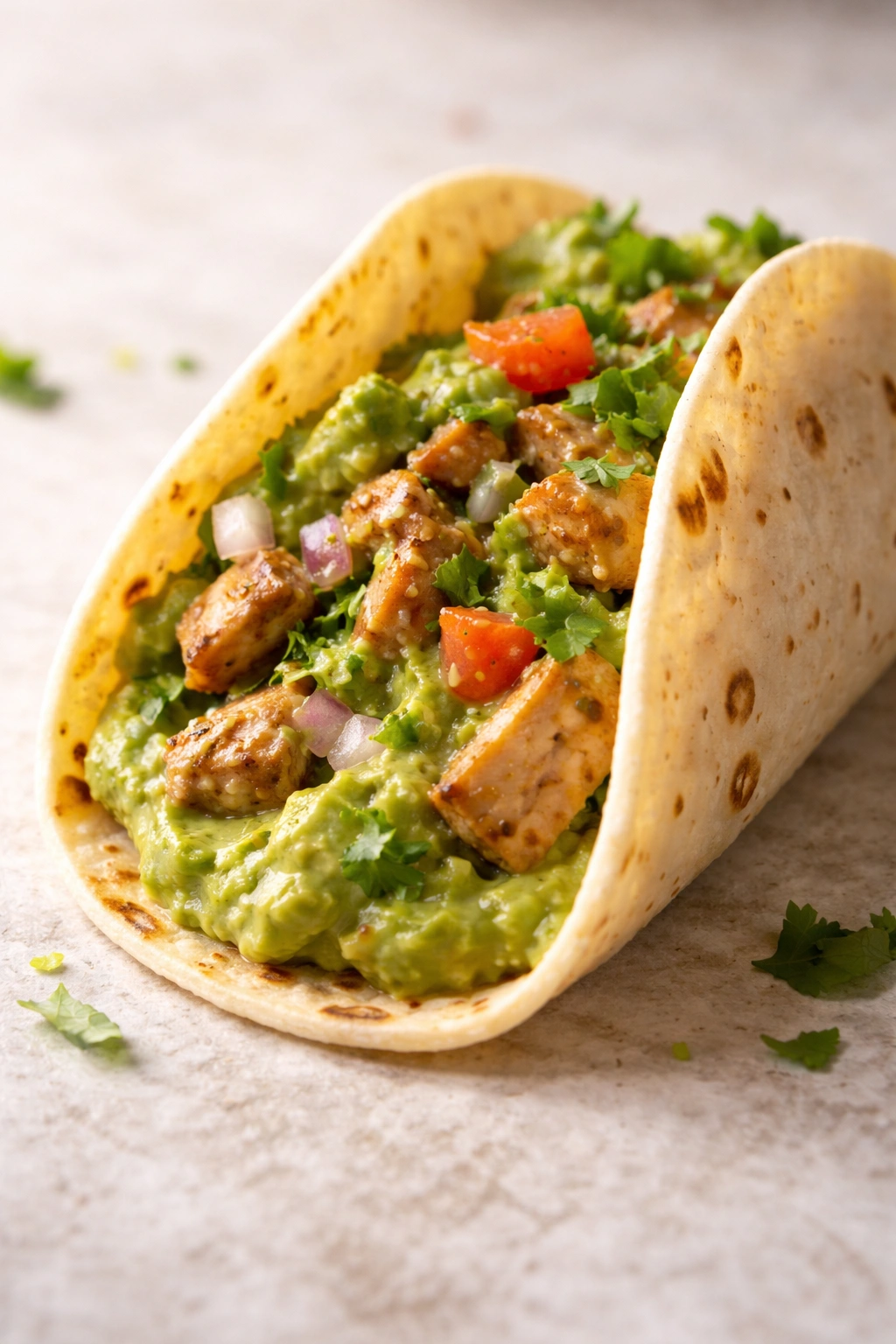 Tortilla folded with avocado-based filling