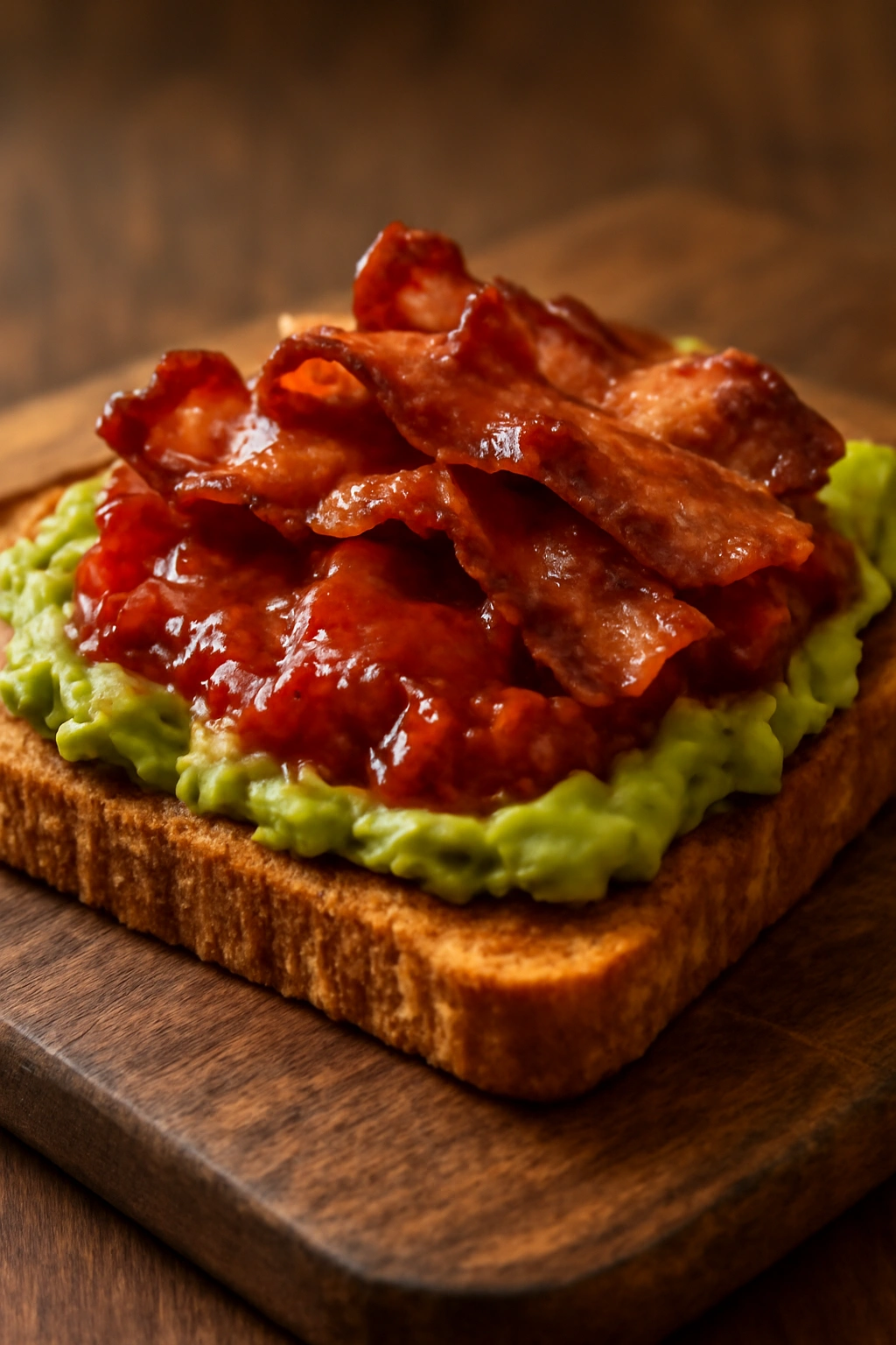 Avocado toast with tomato jam and crispy bacon