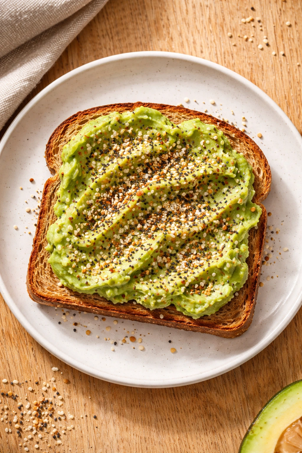 Close-up of creamy avocado toast with everything bagel seasoning on a simple plate