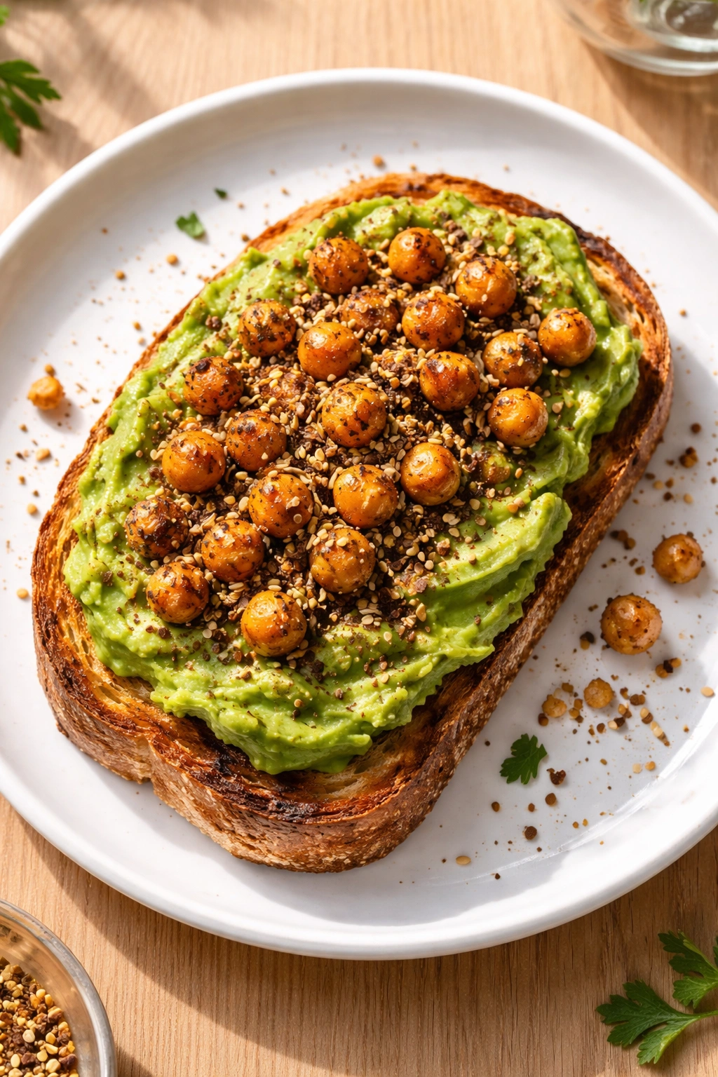 Avocado toast topped with crispy chickpeas and dukkah