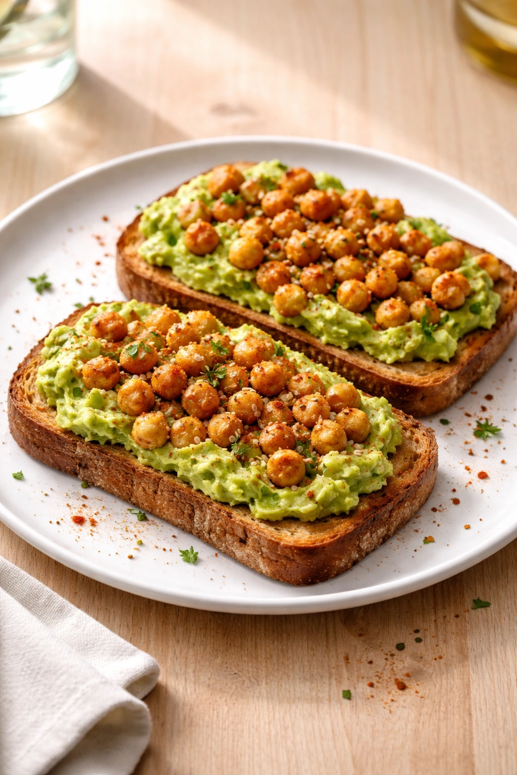 Close-up of crispy smashed chickpea and avocado toast on a white plate