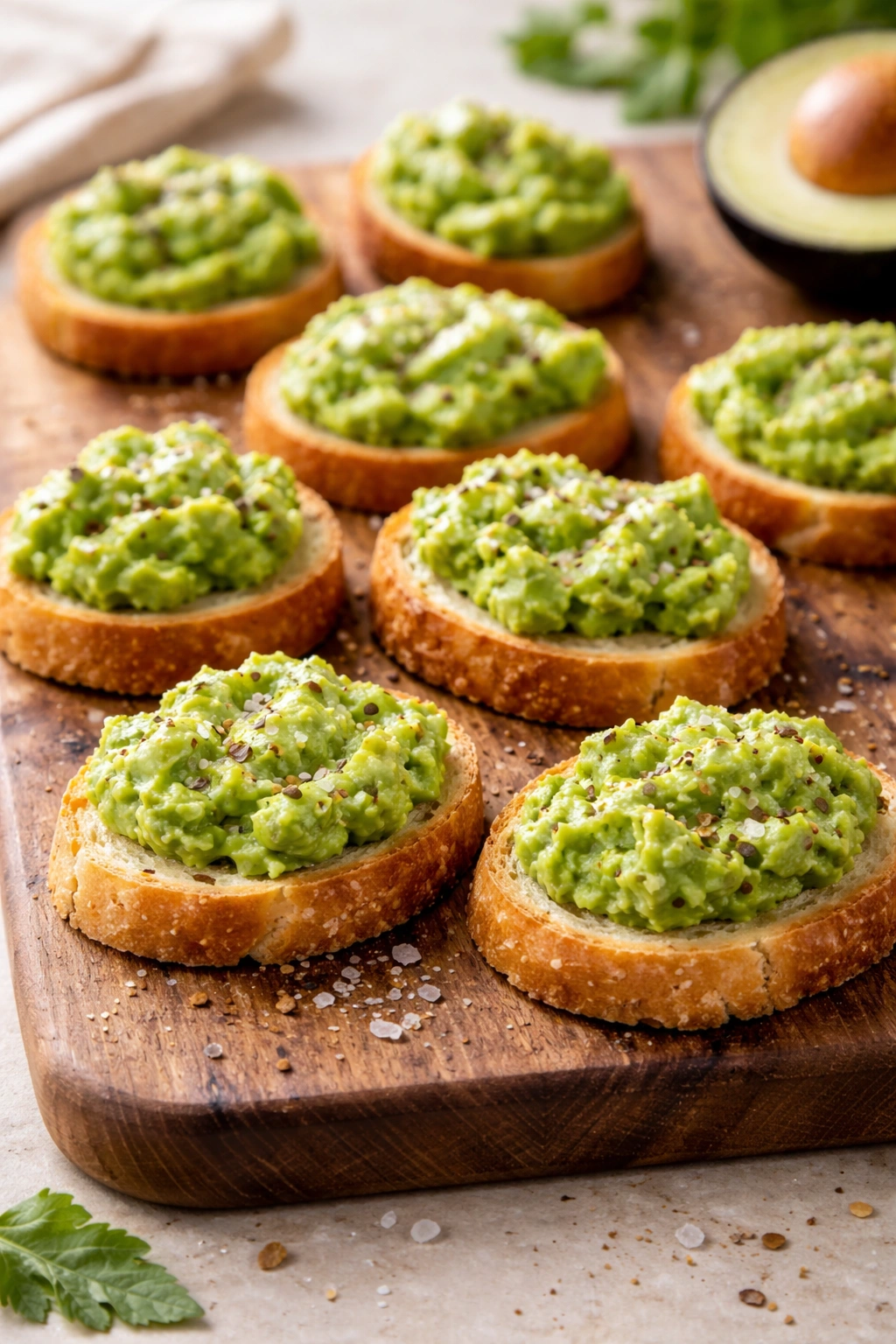 Avocado toast bites on crispy bread on a wooden board