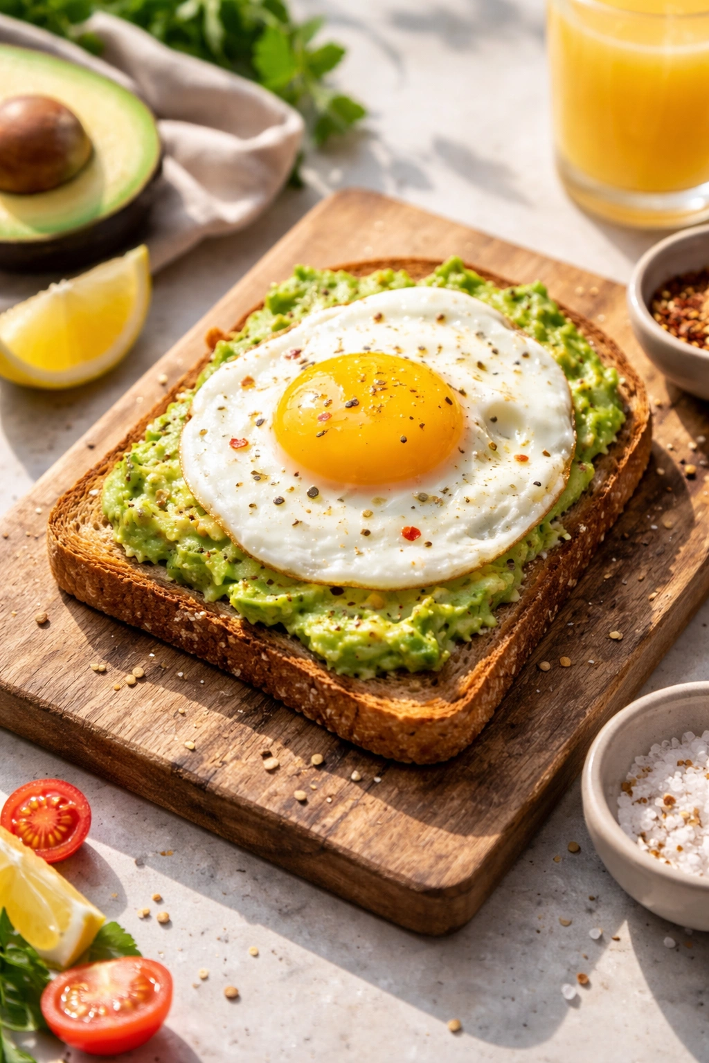 Toast with avocado and fried egg on a wooden board