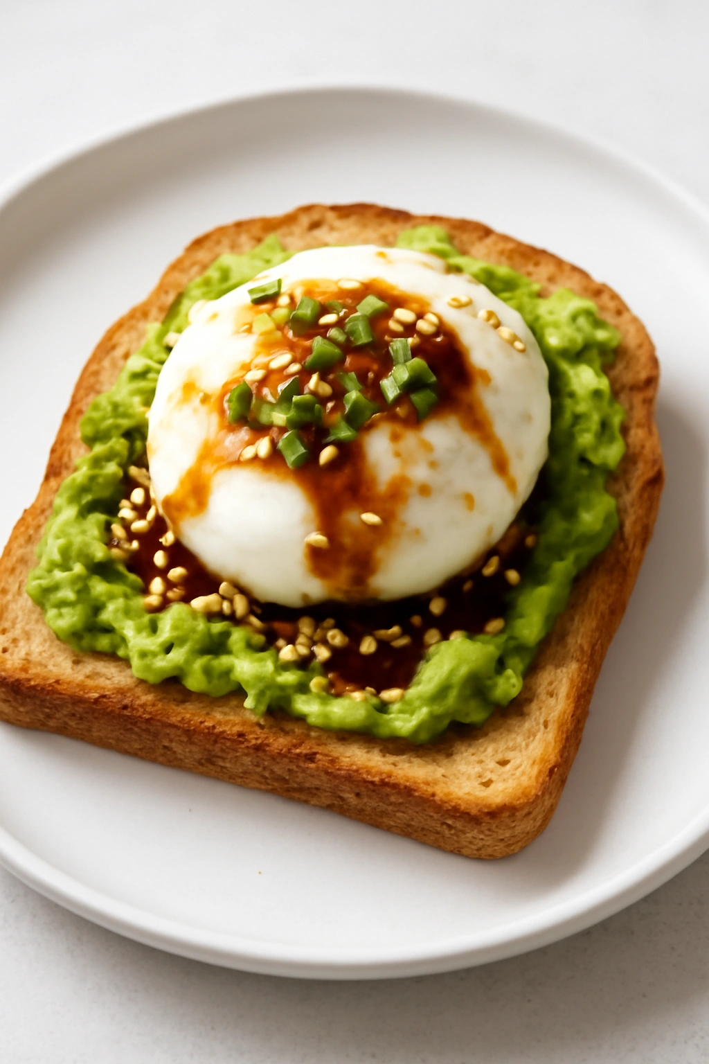 Avocado toast with poached egg and ginger sesame drizzle