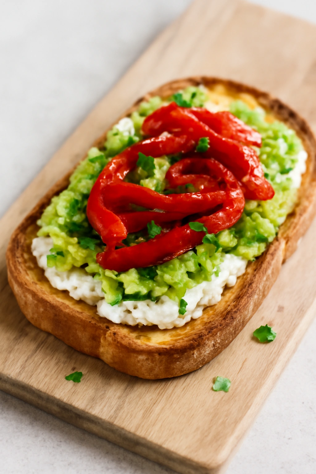 Avocado toast with goat cheese and roasted red pepper