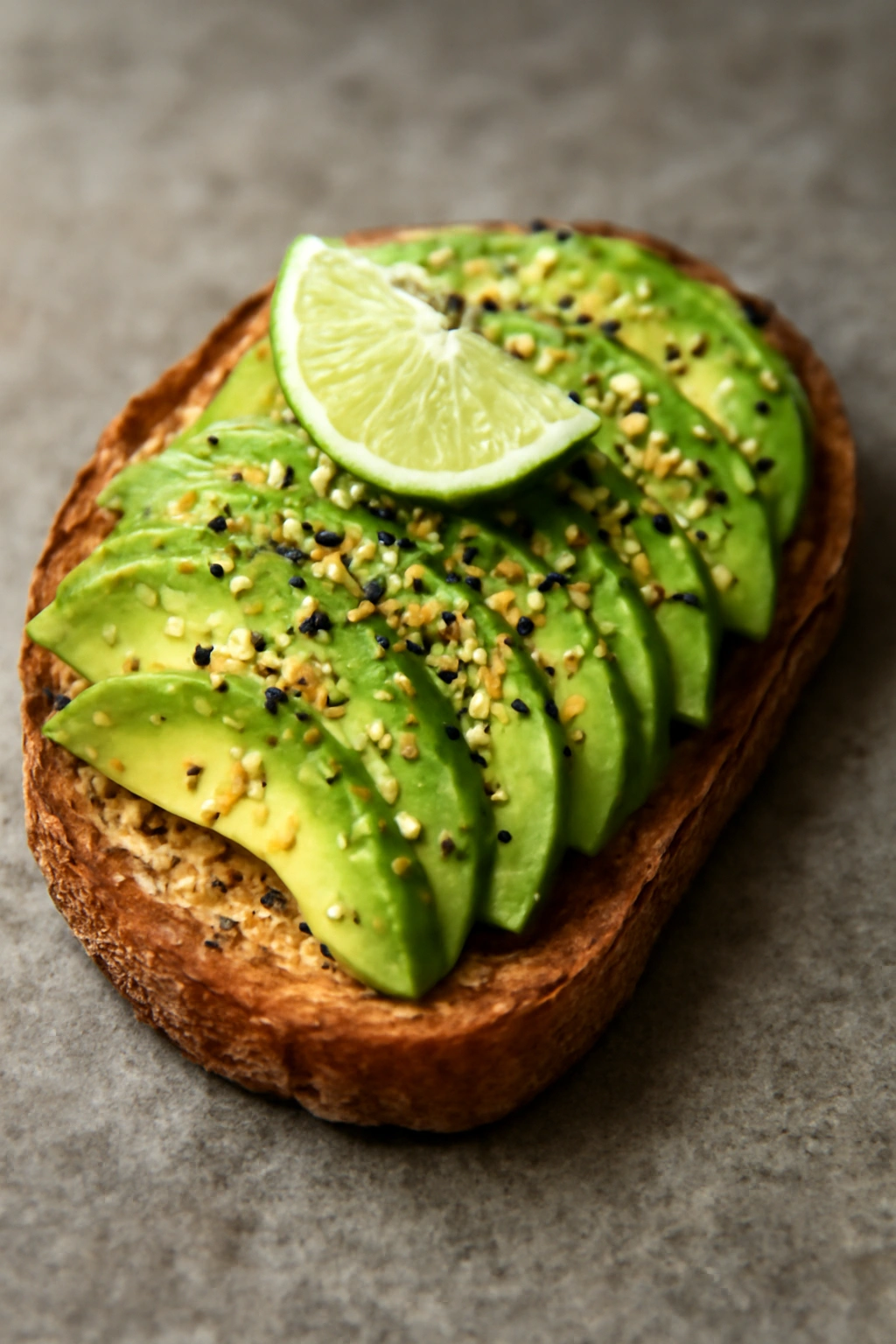 Close-up of classic lime avocado on toast with everything bagel seasoning