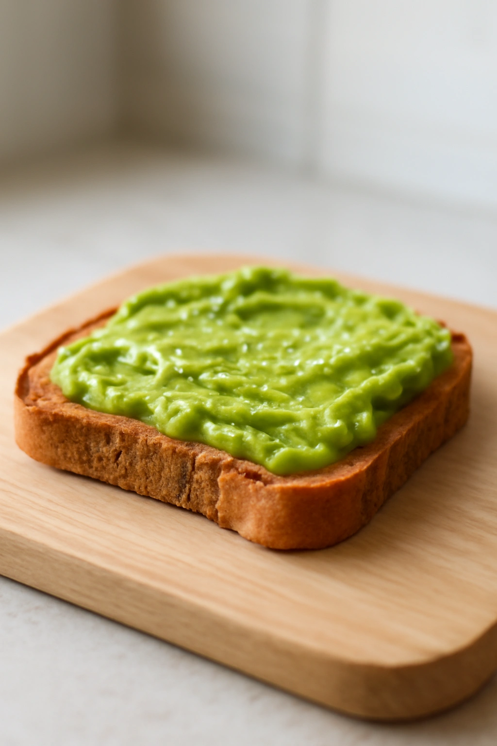 Close-up of avocado toast on a wooden board with creamy avocado spread under warm morning light