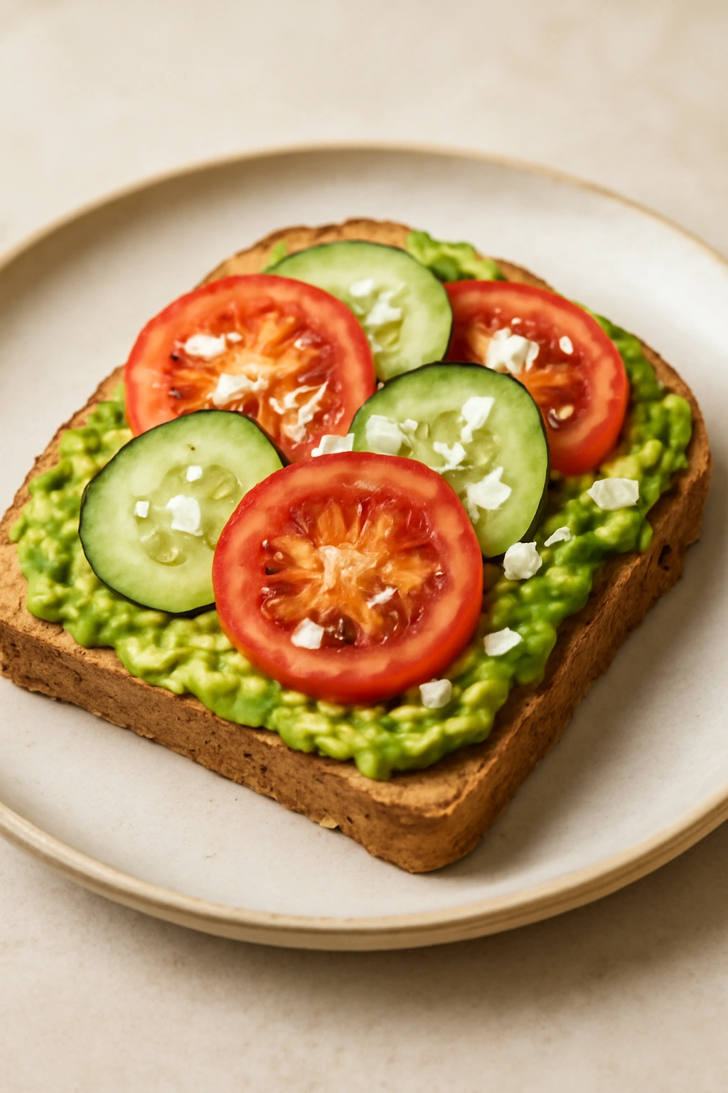 Avocado toast topped with tomato cucumber and feta