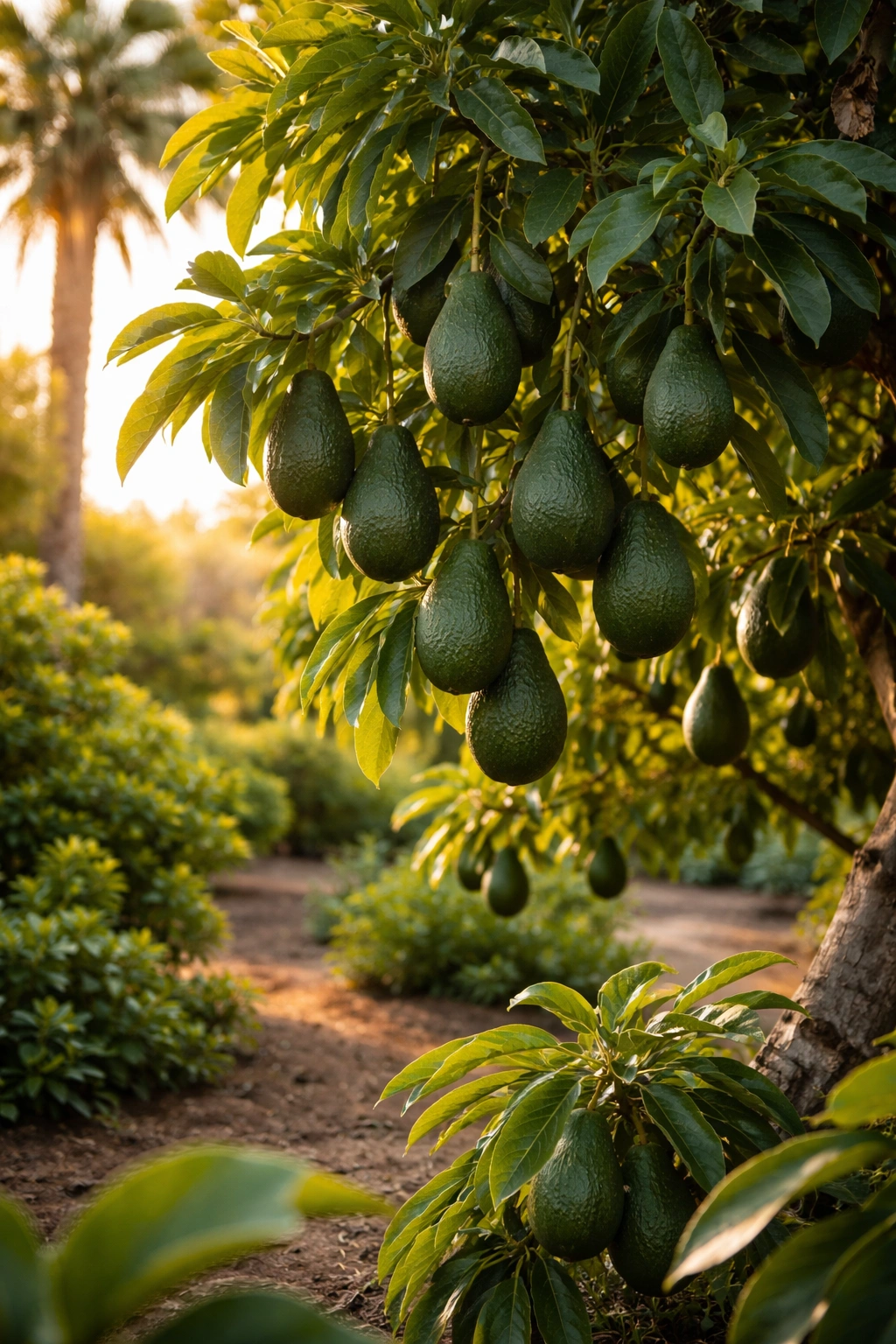Avocado tree with fruit in a sunlit Southern California garden.