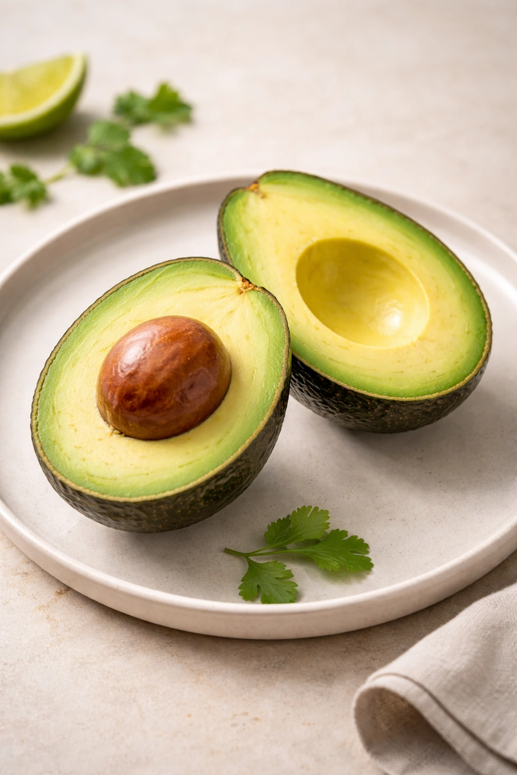 Halved avocado on a plain plate illustrating versatility