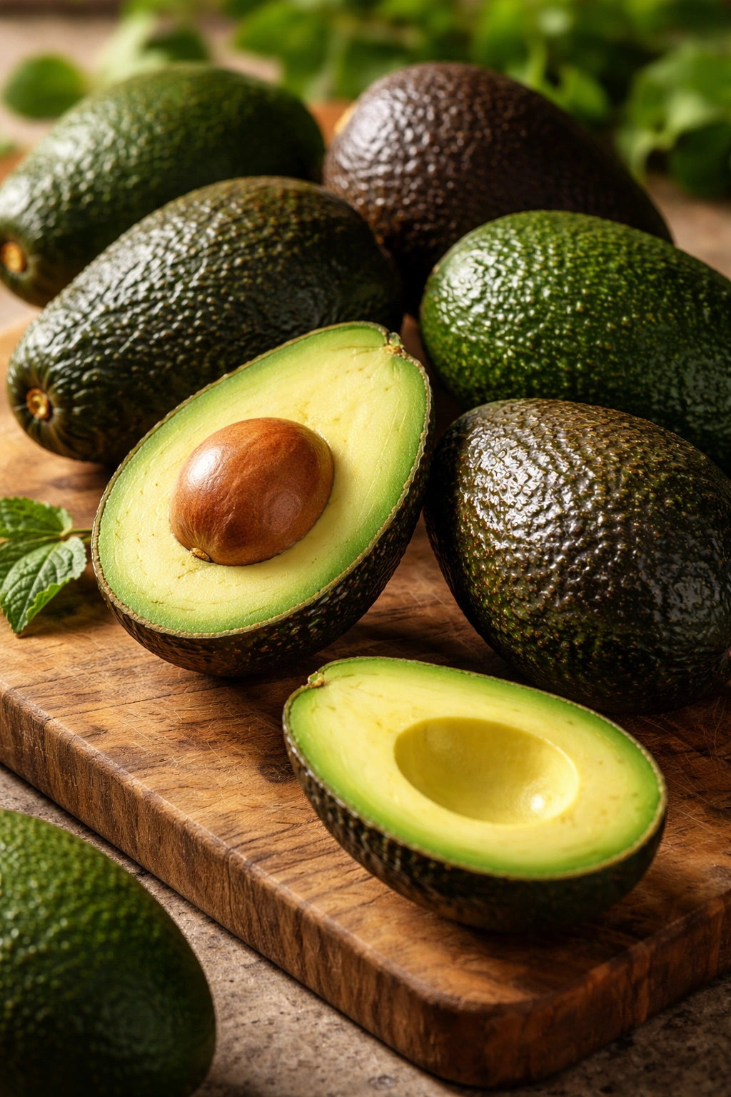 Close-up of ripe Hass avocados on a wooden board, one cut open