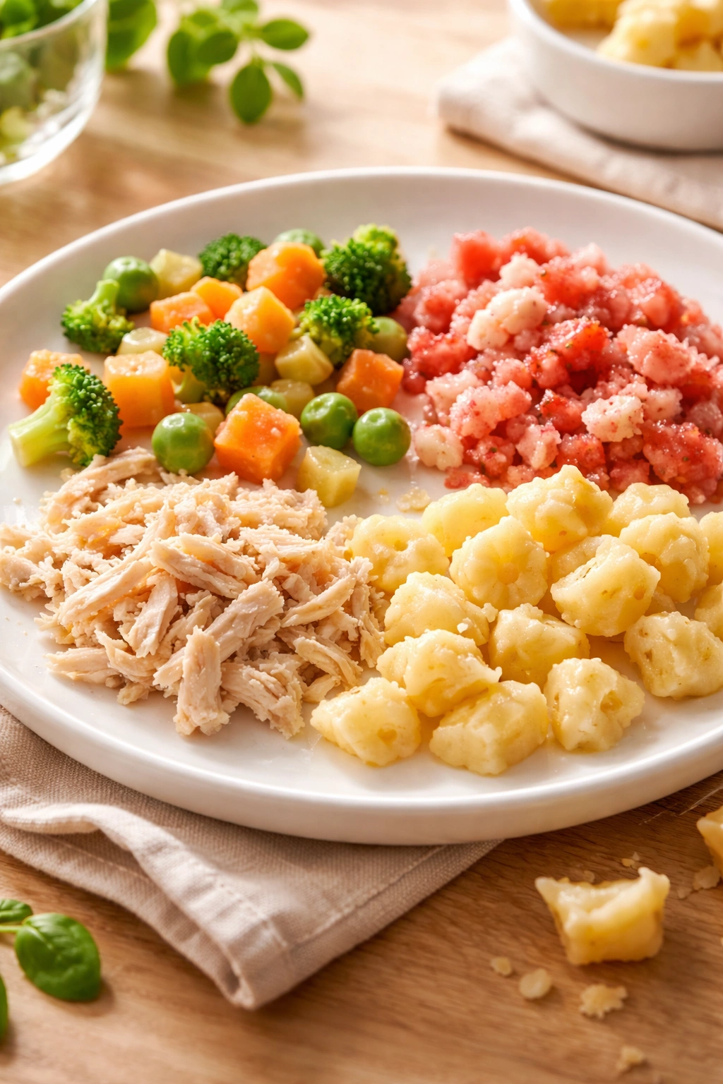 Close-up of soft melt-in-mouth baby-friendly finger foods on a pale plate.
