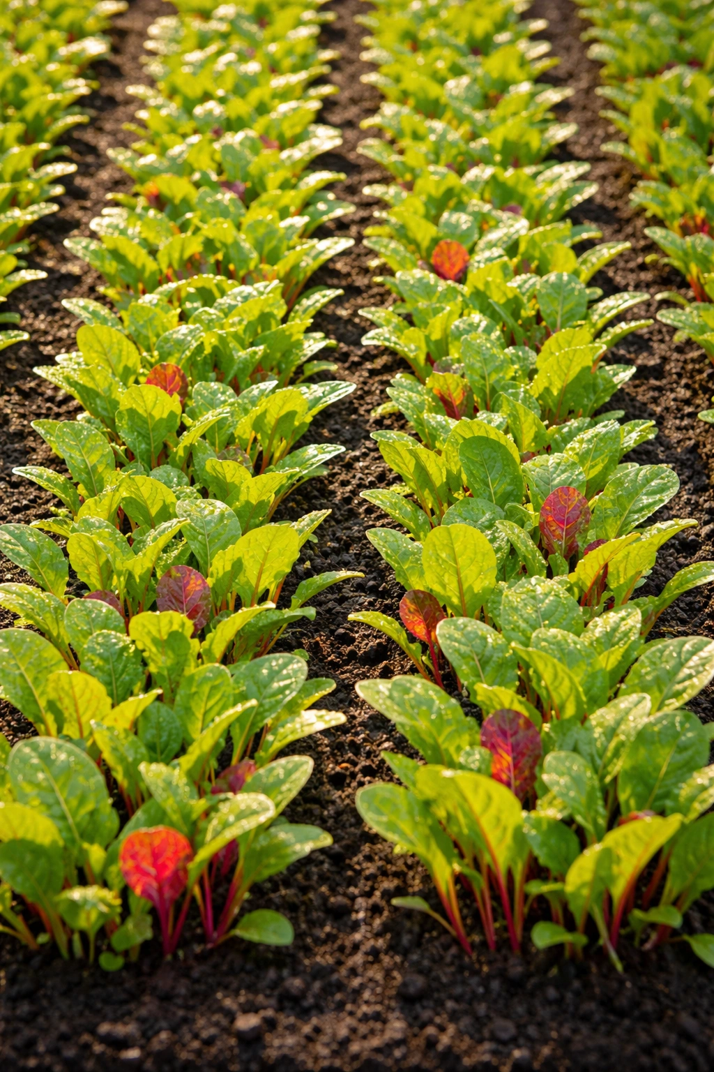 Dense stand of baby leaf Swiss chard seedlings in a garden bed