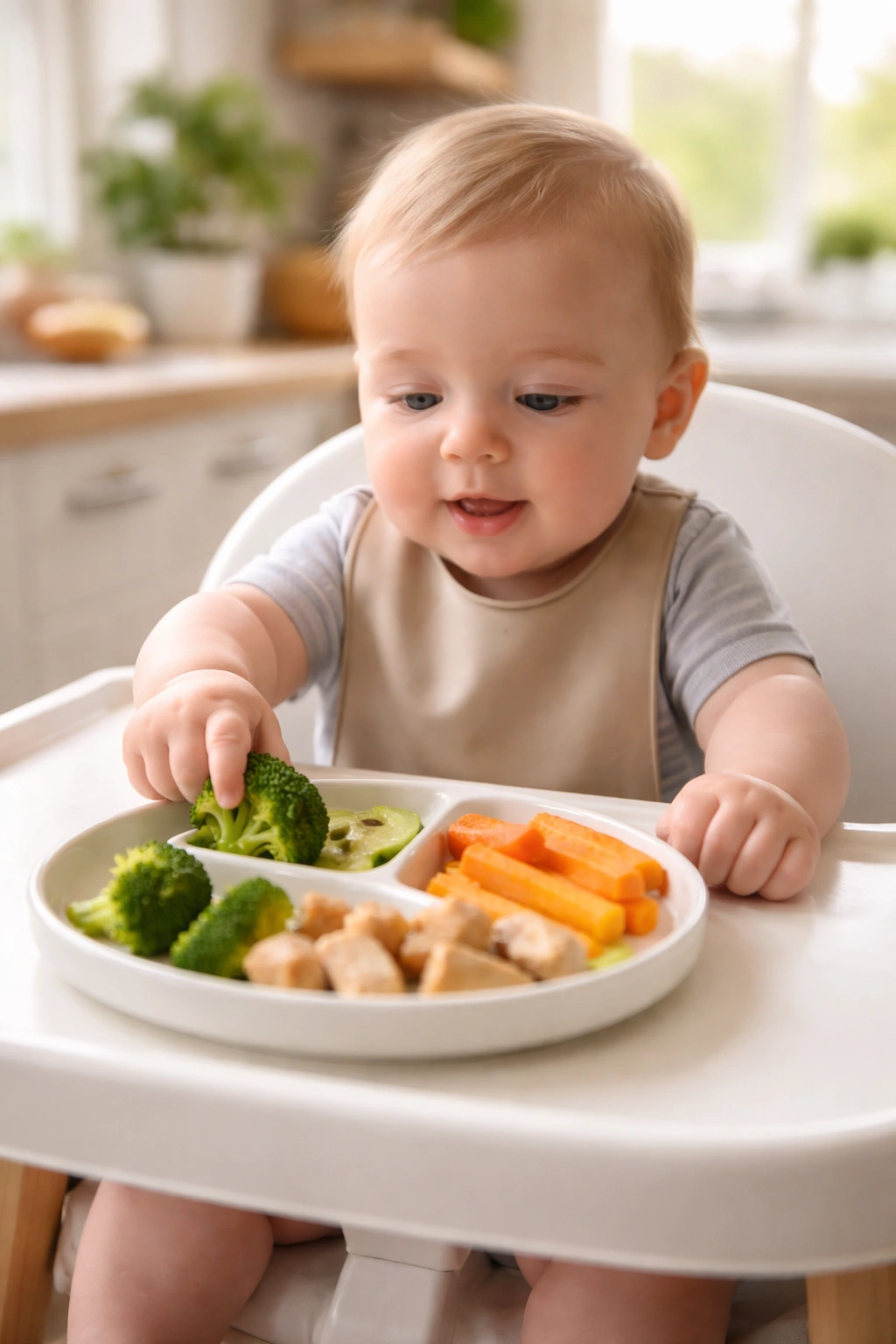 Baby in high chair self-feeding soft finger foods for BLW readiness