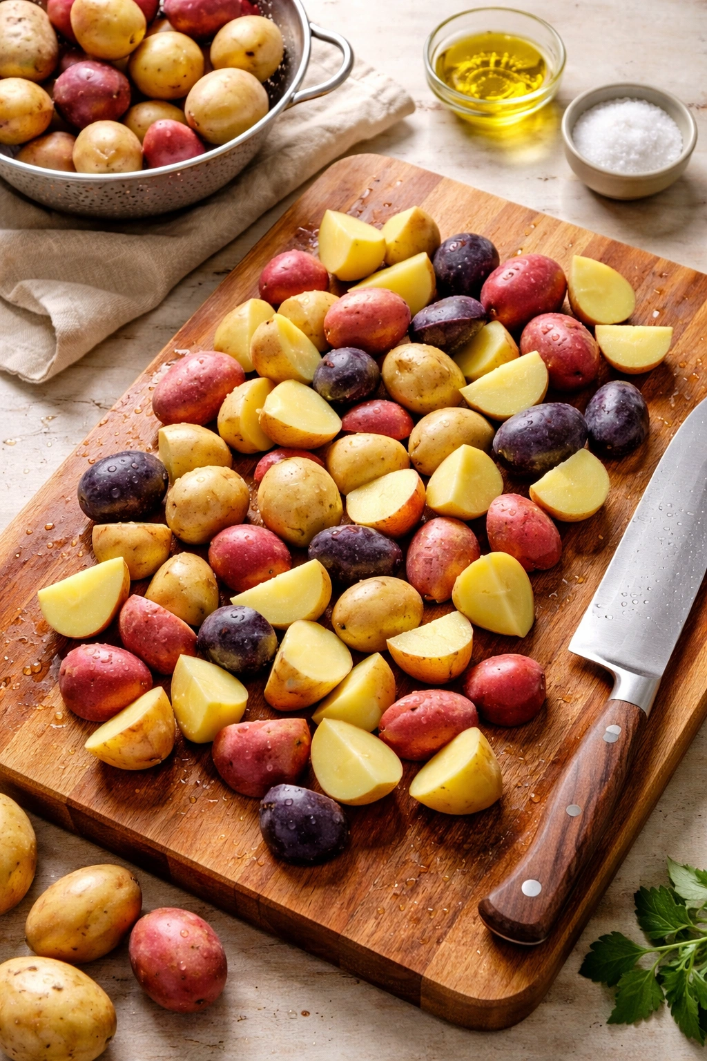 Halved baby potatoes on a wooden board