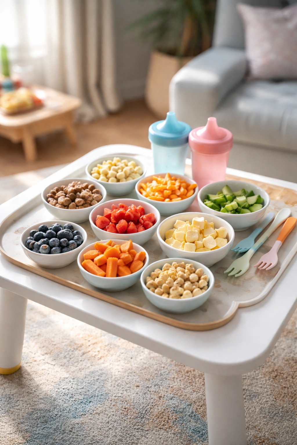 Neat baby zone with bowls of bite-sized foods on a low table