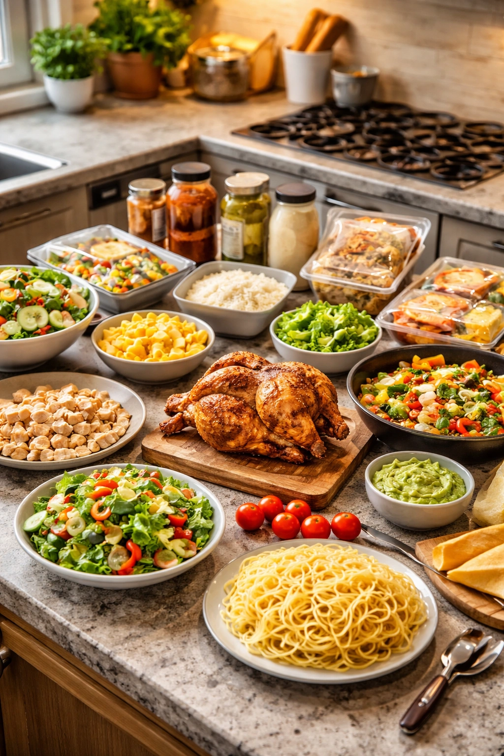 Kitchen counter with backup dinner options for dinner