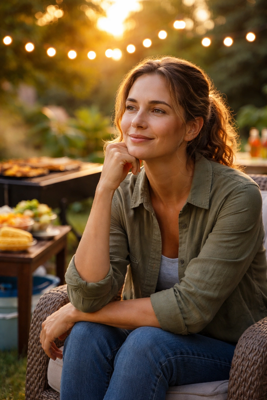 Person in thoughtful pose on a patio at sunset