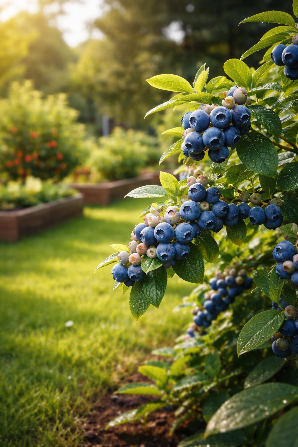 Blueberry bush heavy with fruit in a well-kept backyard