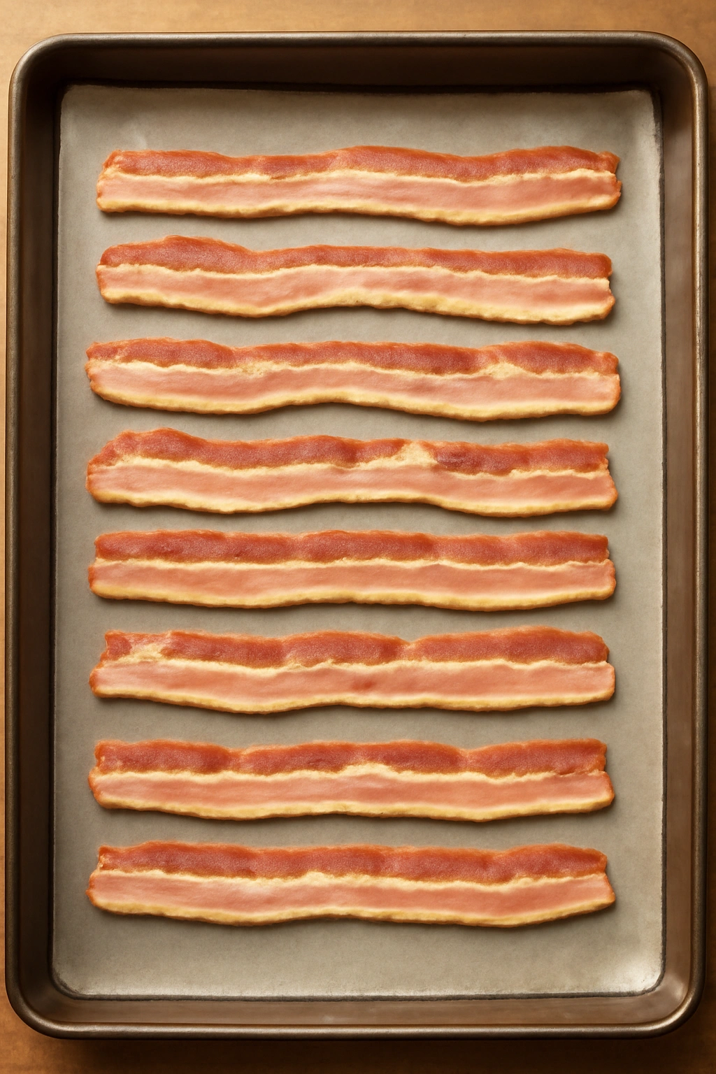 Bacon arranged in neat rows on a parchment-lined sheet for even cooking