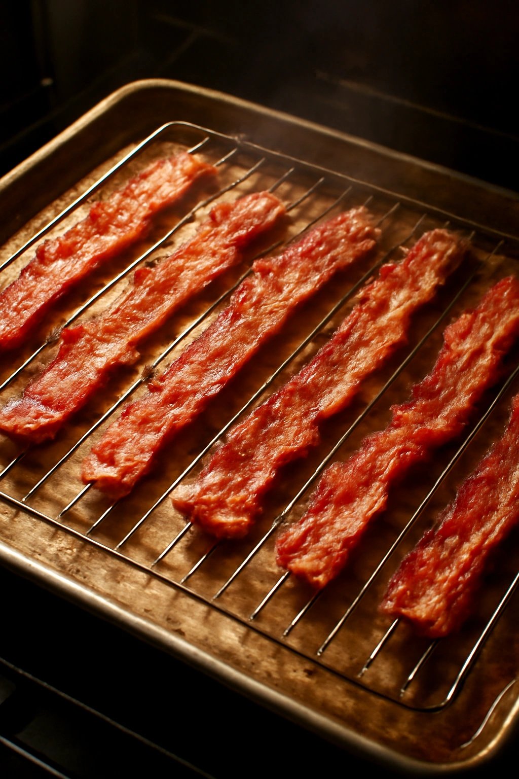 Bacon in the oven with browning edges and rendered fat