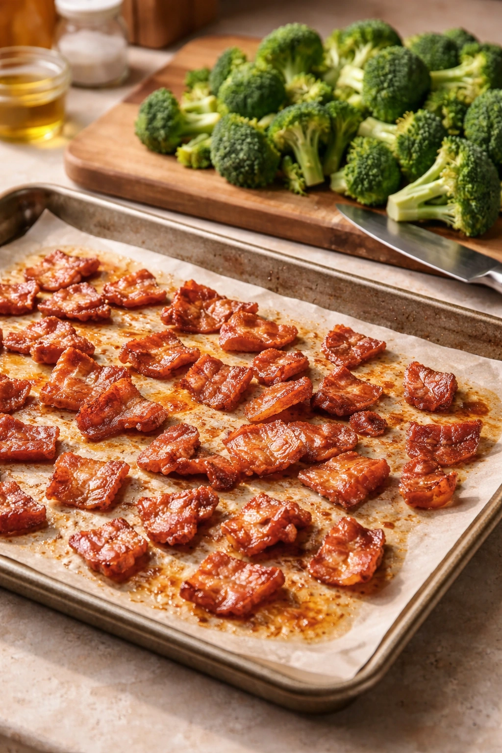 Crispy bacon on parchment-lined sheet pan with broccoli florets nearby