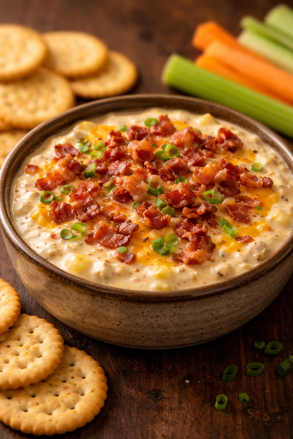 Close-up of crispy bacon cheddar dip in a warm bowl