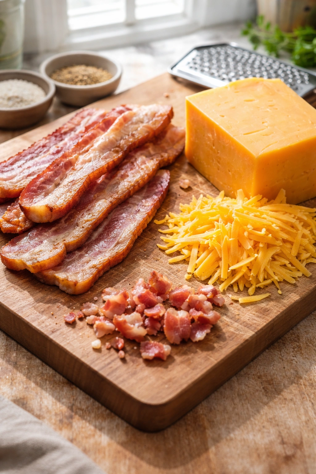 Close-up of thick-cut bacon and cheddar cheese on a cutting board.
