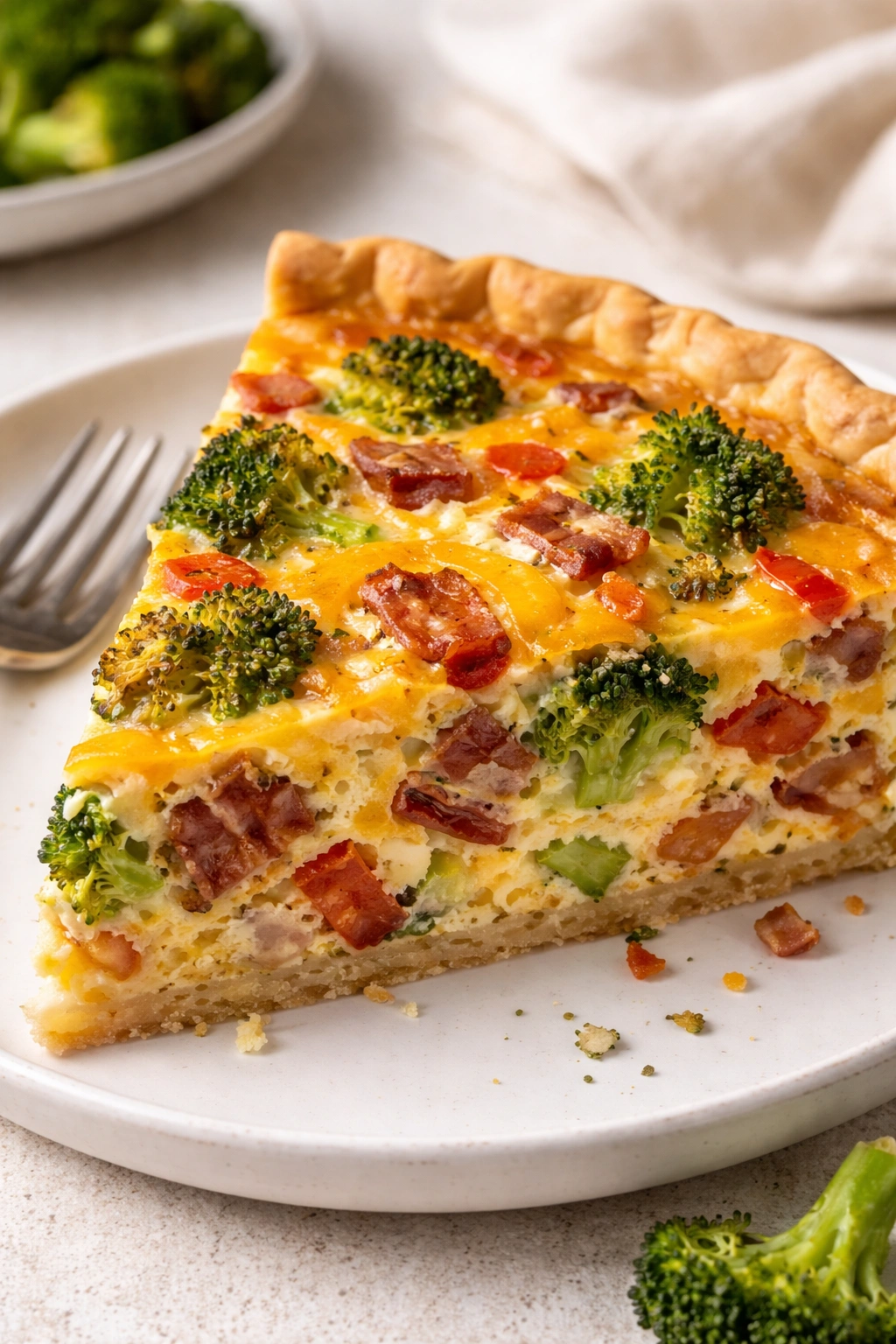 Slice of high-protein quiche with bacon cheddar broccoli