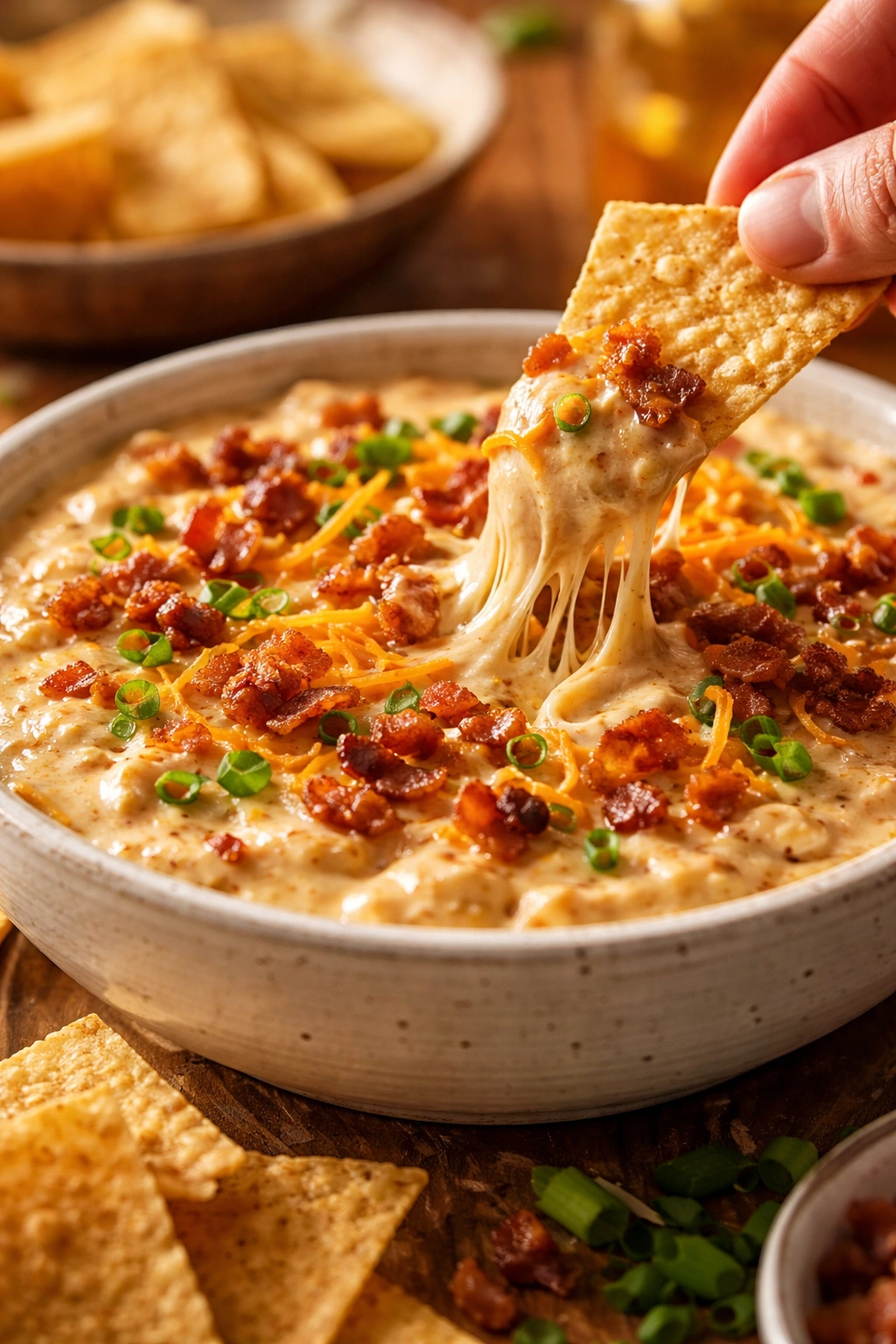 Creamy loaded bacon cheese dip in a white bowl with bacon bits