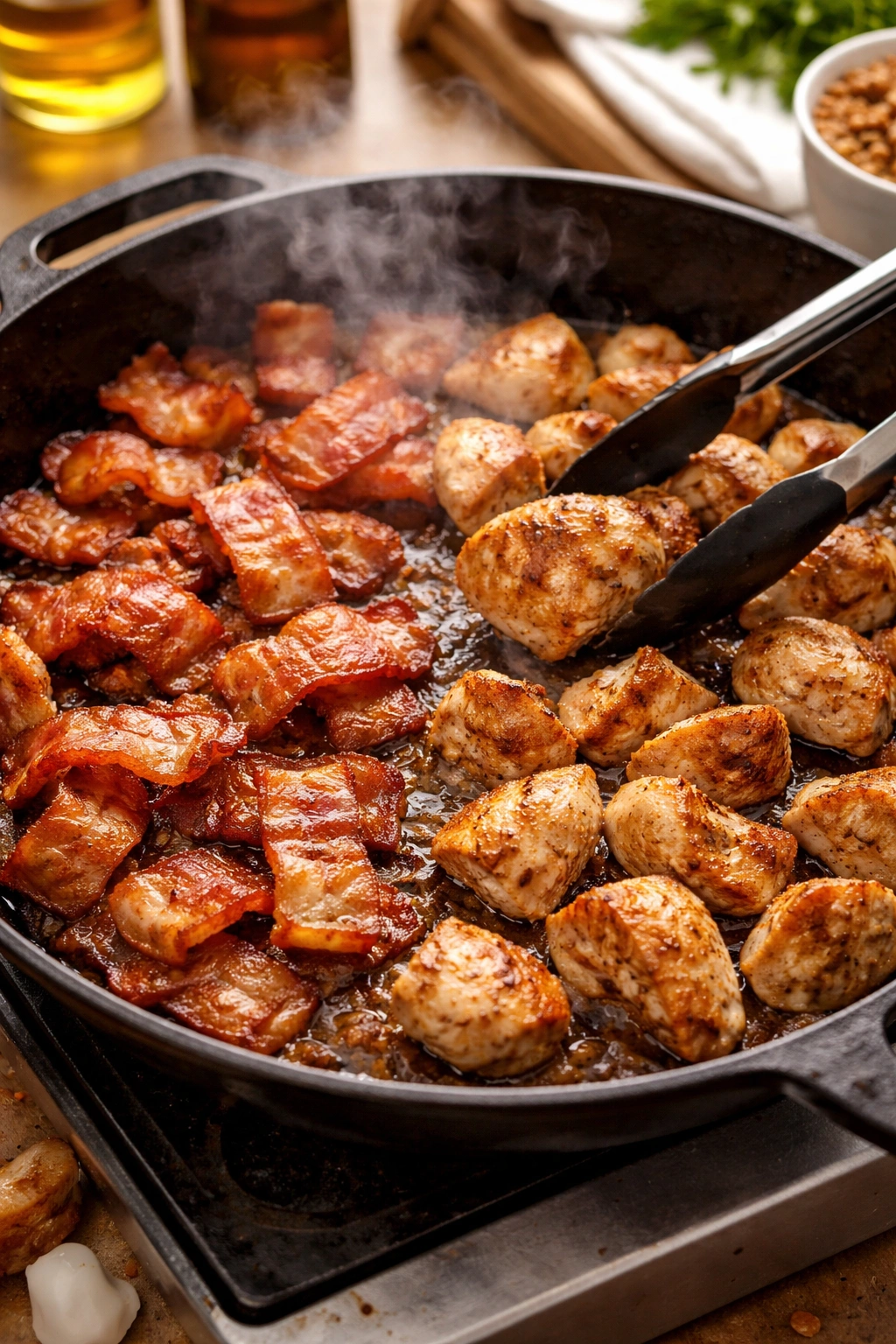 Skillet with bacon browning and chicken searing, steam rising.