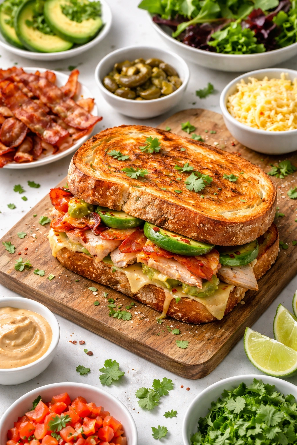 Sandwich with avocado bacon and cilantro garnish
