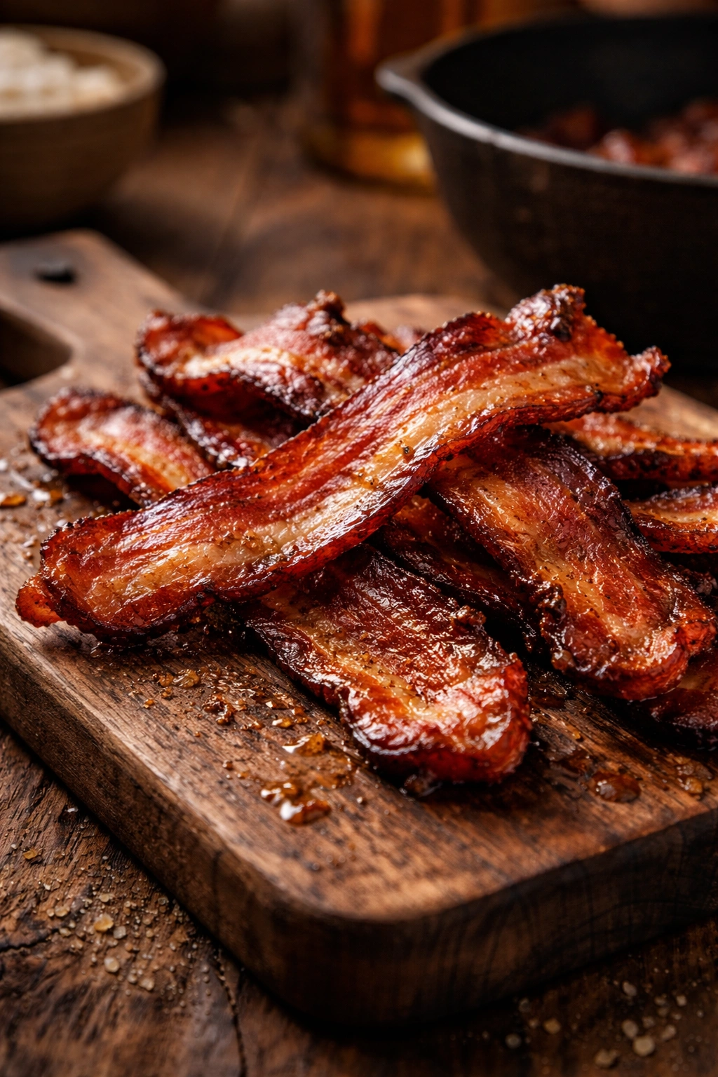 Crispy bacon slices with rendered fat on wooden surface.