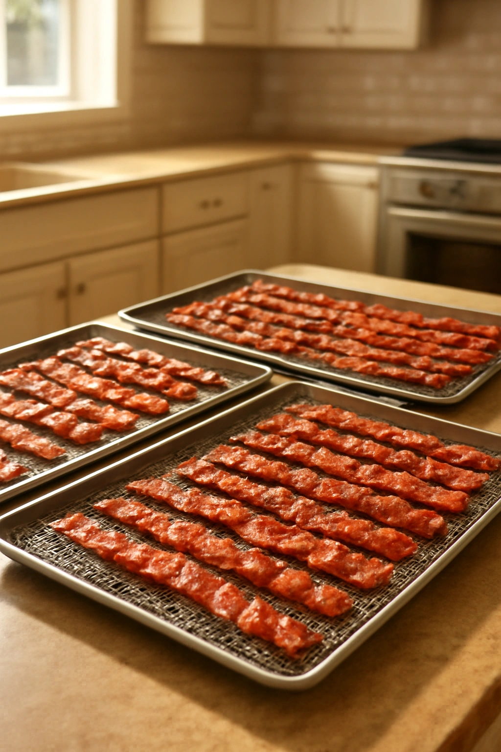 Three baking sheets with crispy bacon on cooling racks in a kitchen