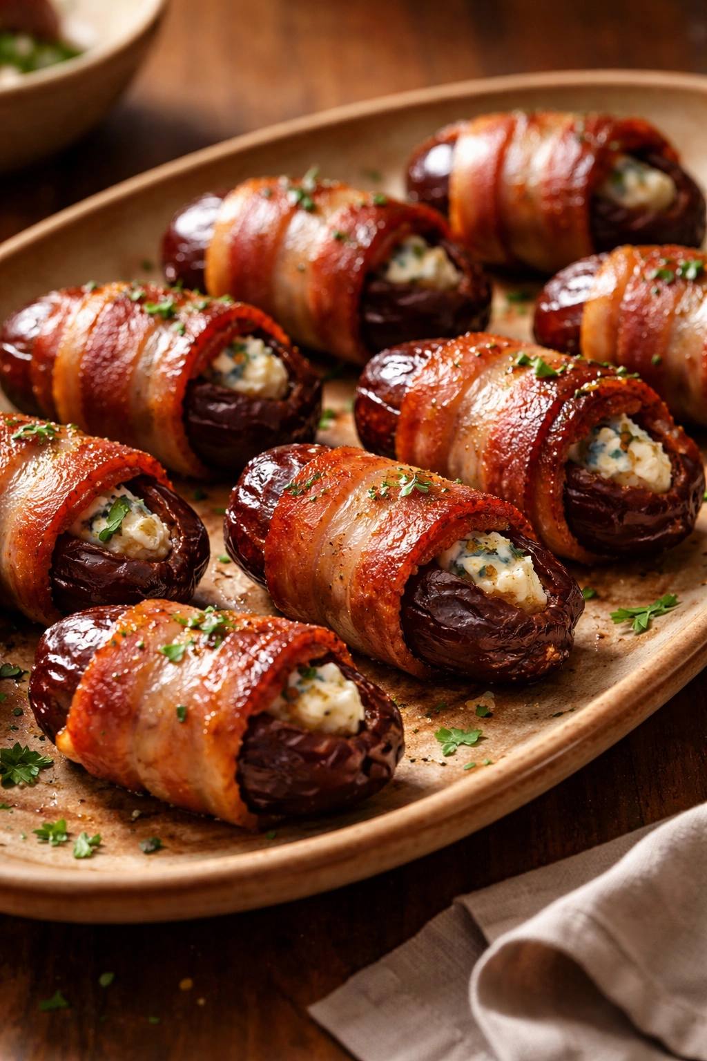 Bacon-wrapped dates with blue cheese on a platter