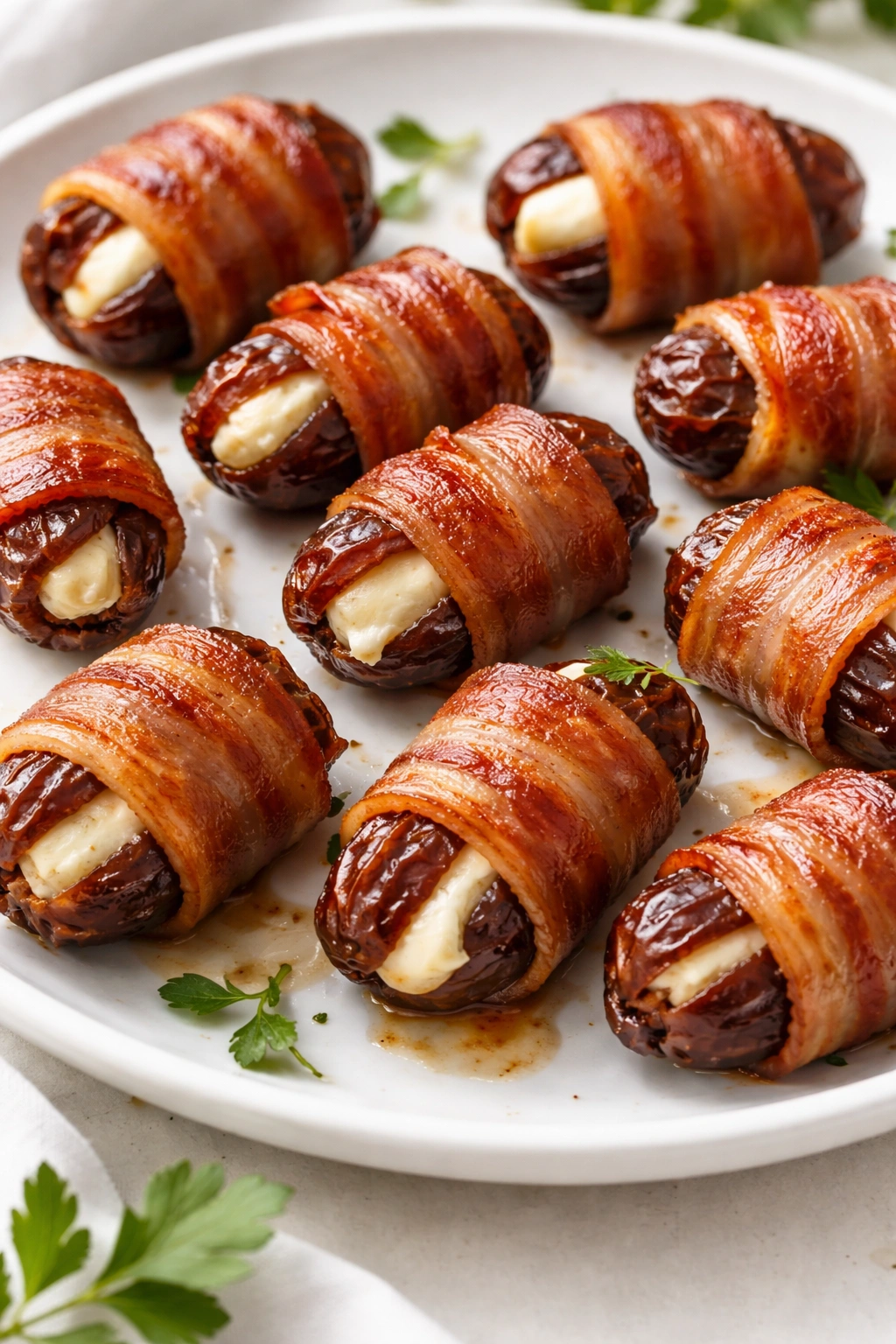 Bacon-wrapped dates with cheese on a plate