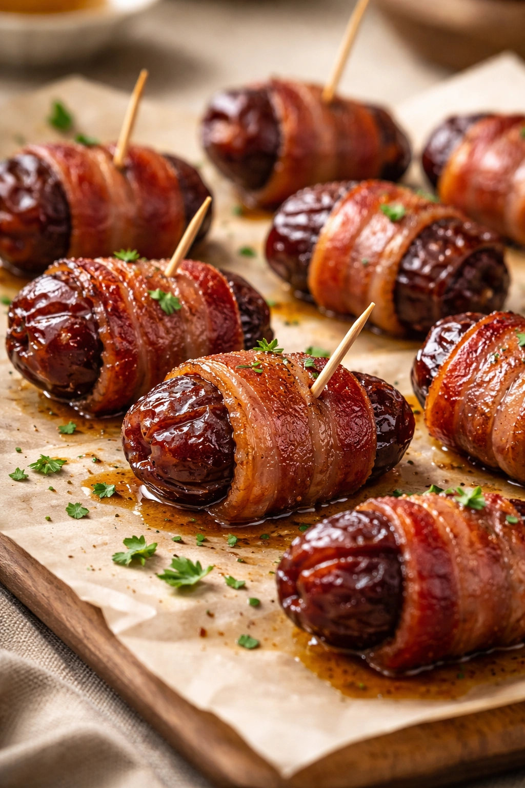 Close-up of glossy bacon-wrapped Medjool dates on parchment