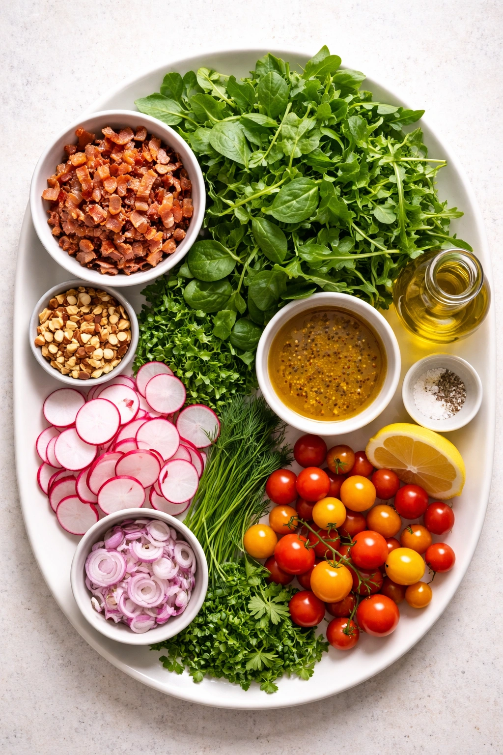 Assortment of salad ingredients ready for assembling.