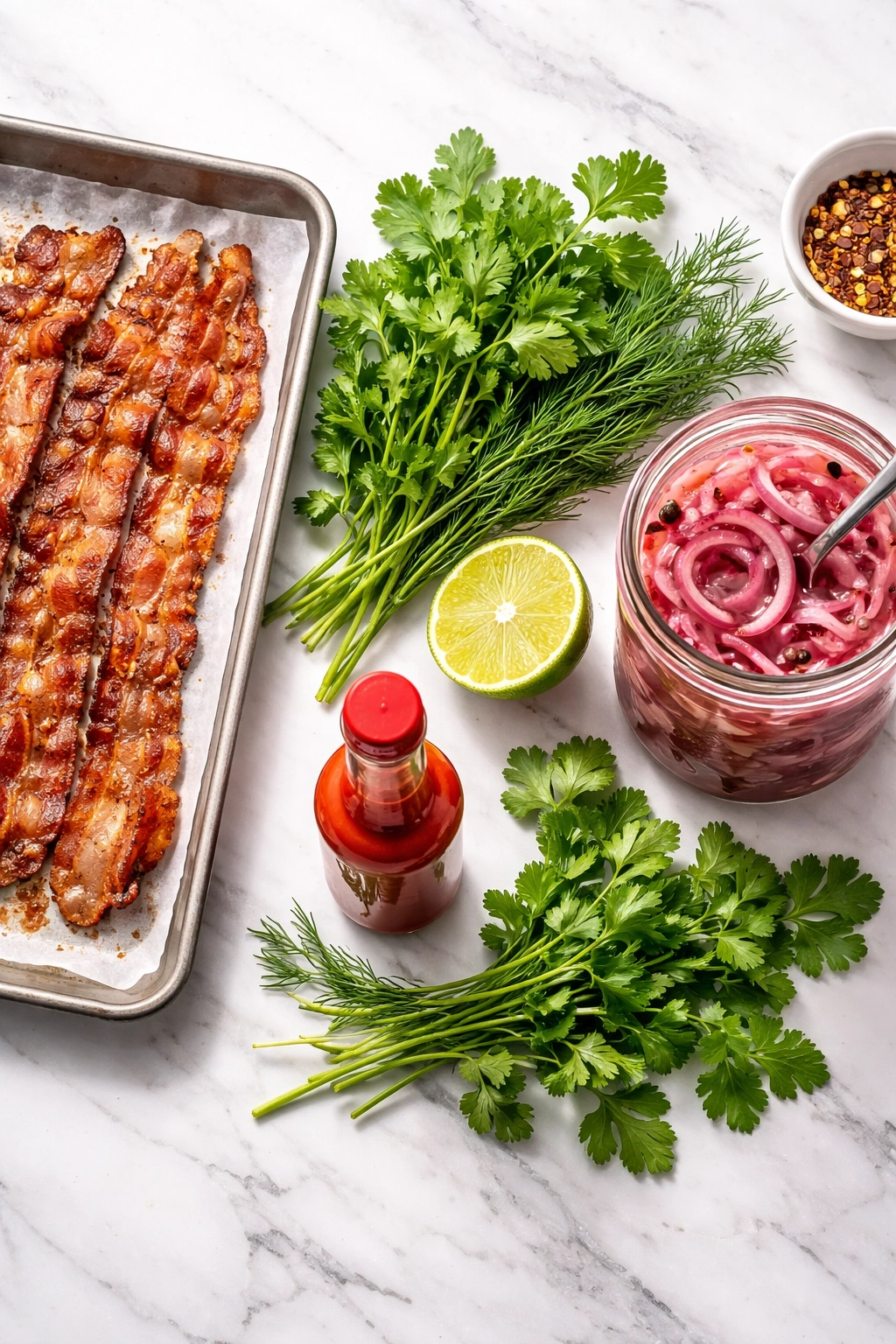 Crispy bacon, fresh herbs, lime, hot sauce, and quick-pickled onions on a counter