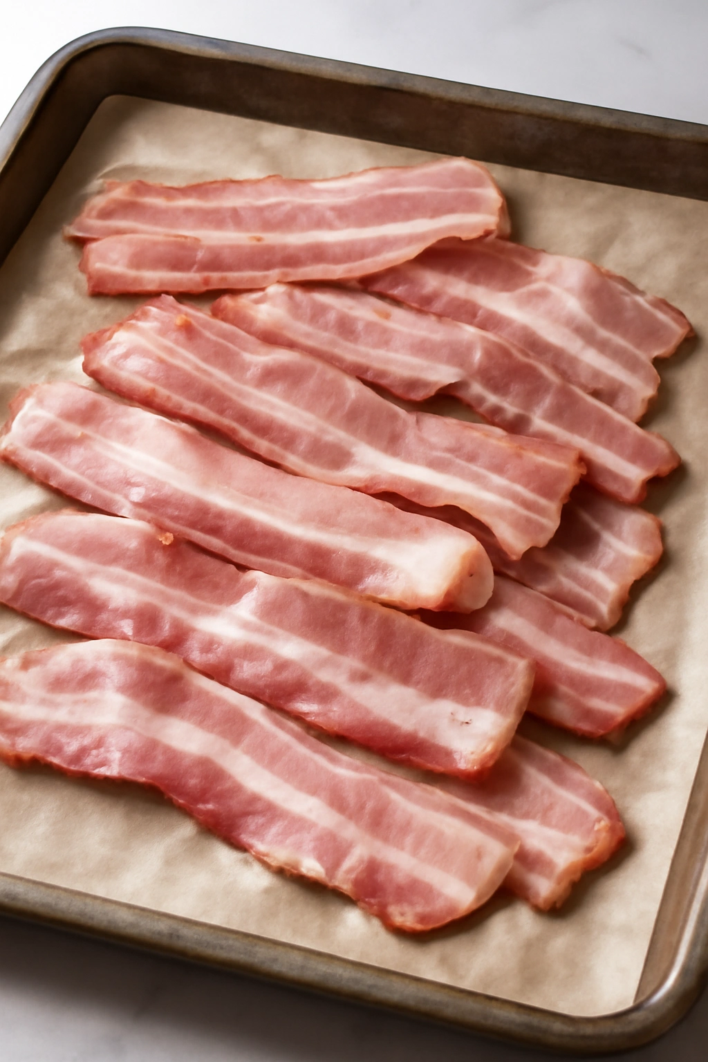 Overlapping bacon strips on a sheet pan showing a common baking mistake