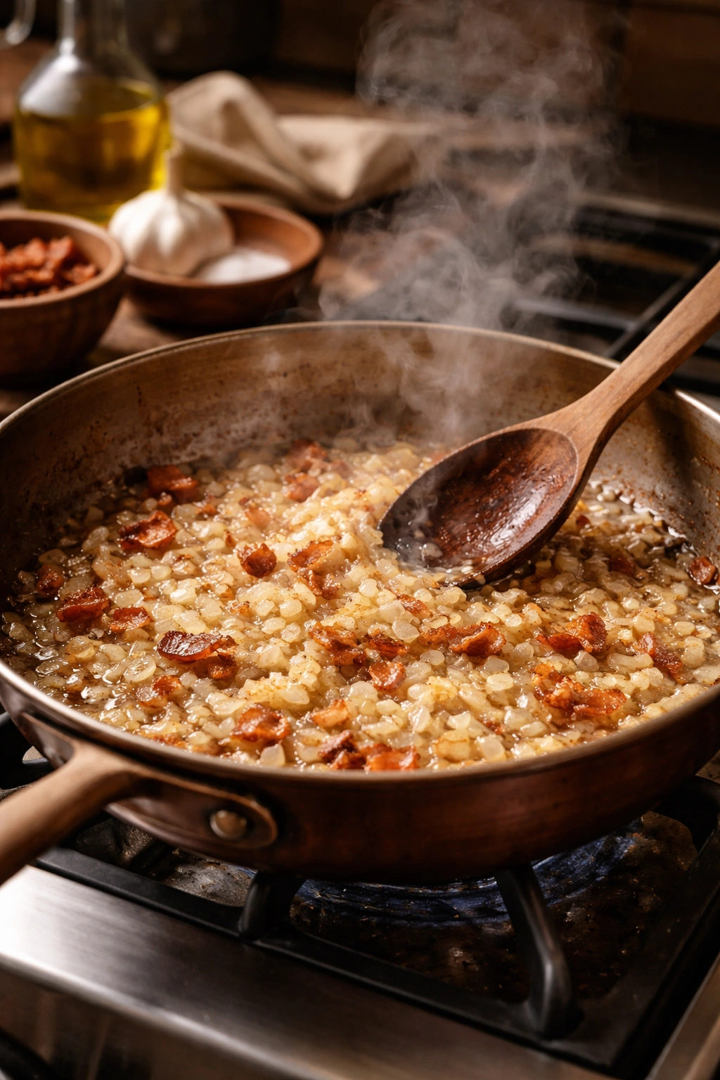Copper pan with onions cooking in bacon fat on stove