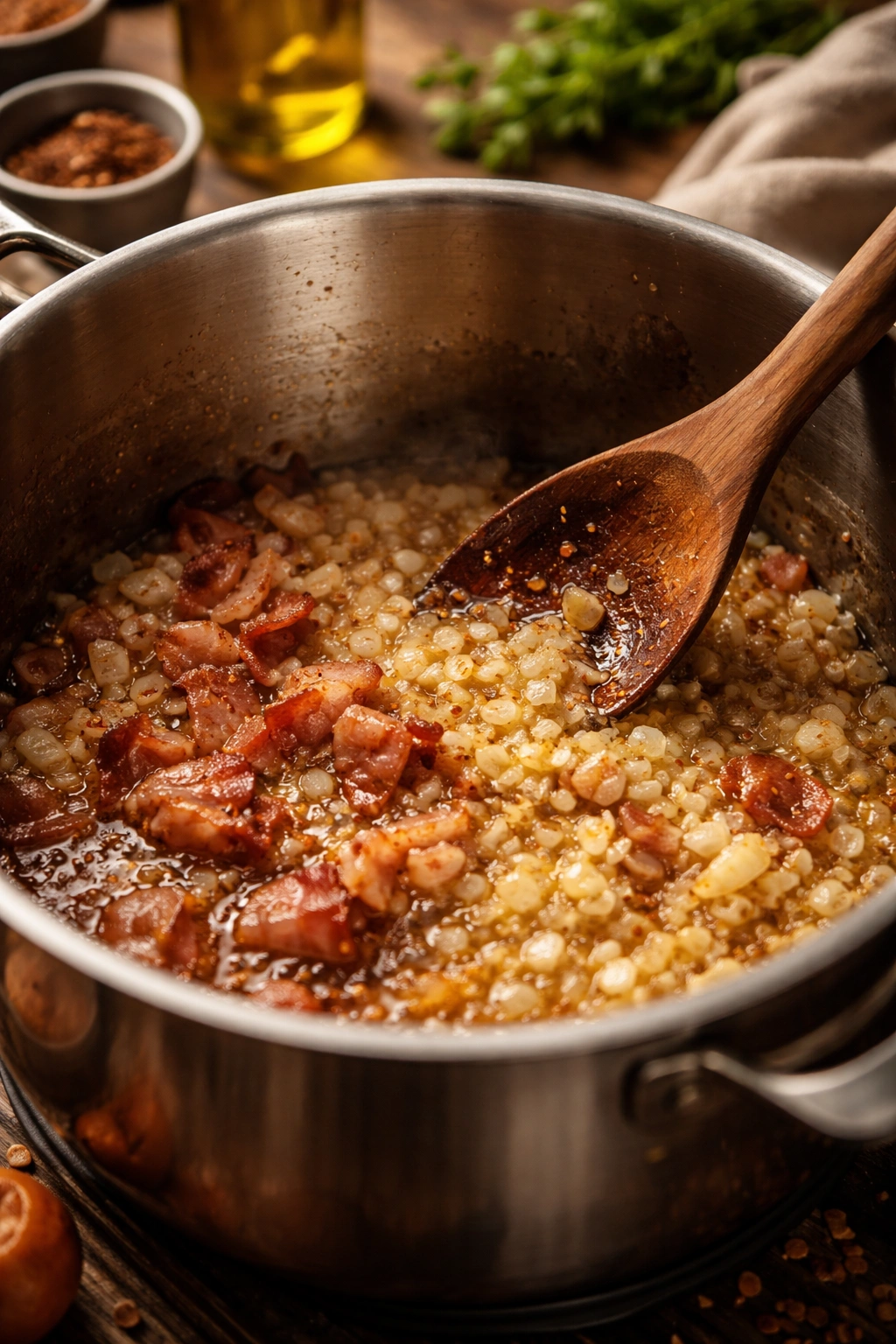 Bacon rendered with onions and garlic browning in a pot