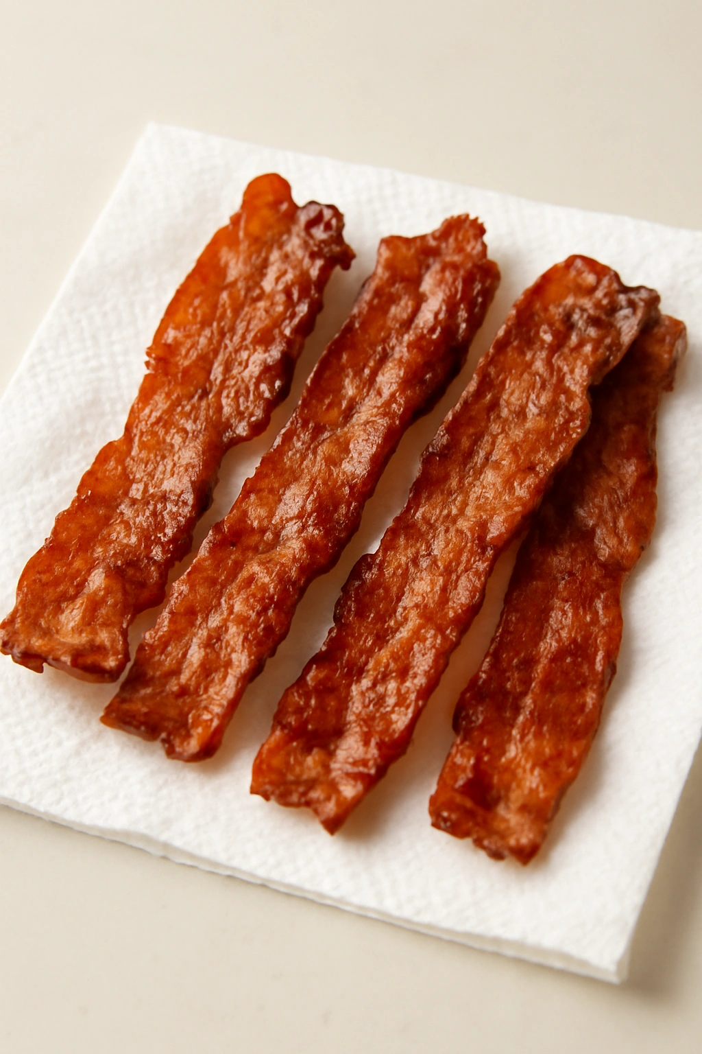 Crispy oven-baked bacon on paper towels cooling on a clean countertop