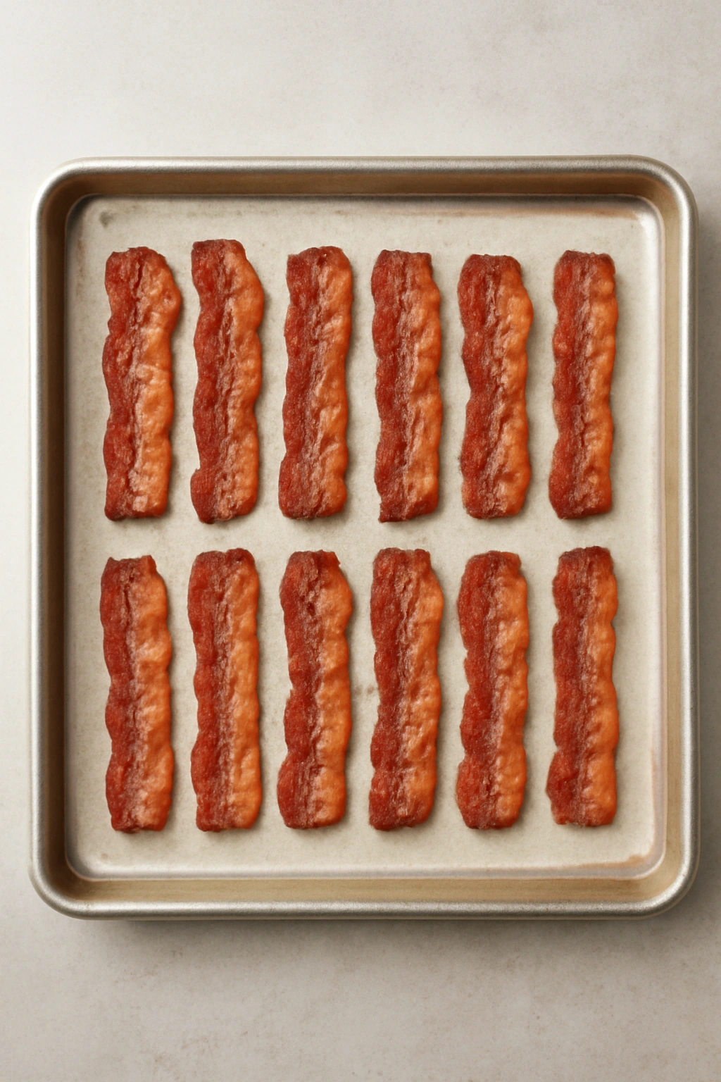 Top-down bacon on parchment showing evenly spaced strips for consistent, restaurant-quality results