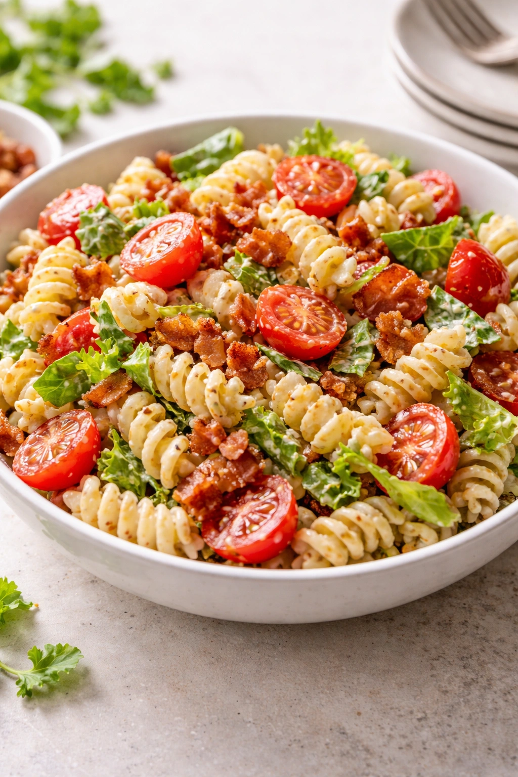 Pasta salad with crispy bacon, tomatoes, and lettuce in a mayo dressing.