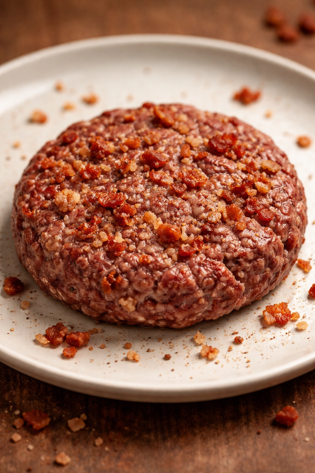 Hamburger patty with bacon bits folded in on a simple plate.