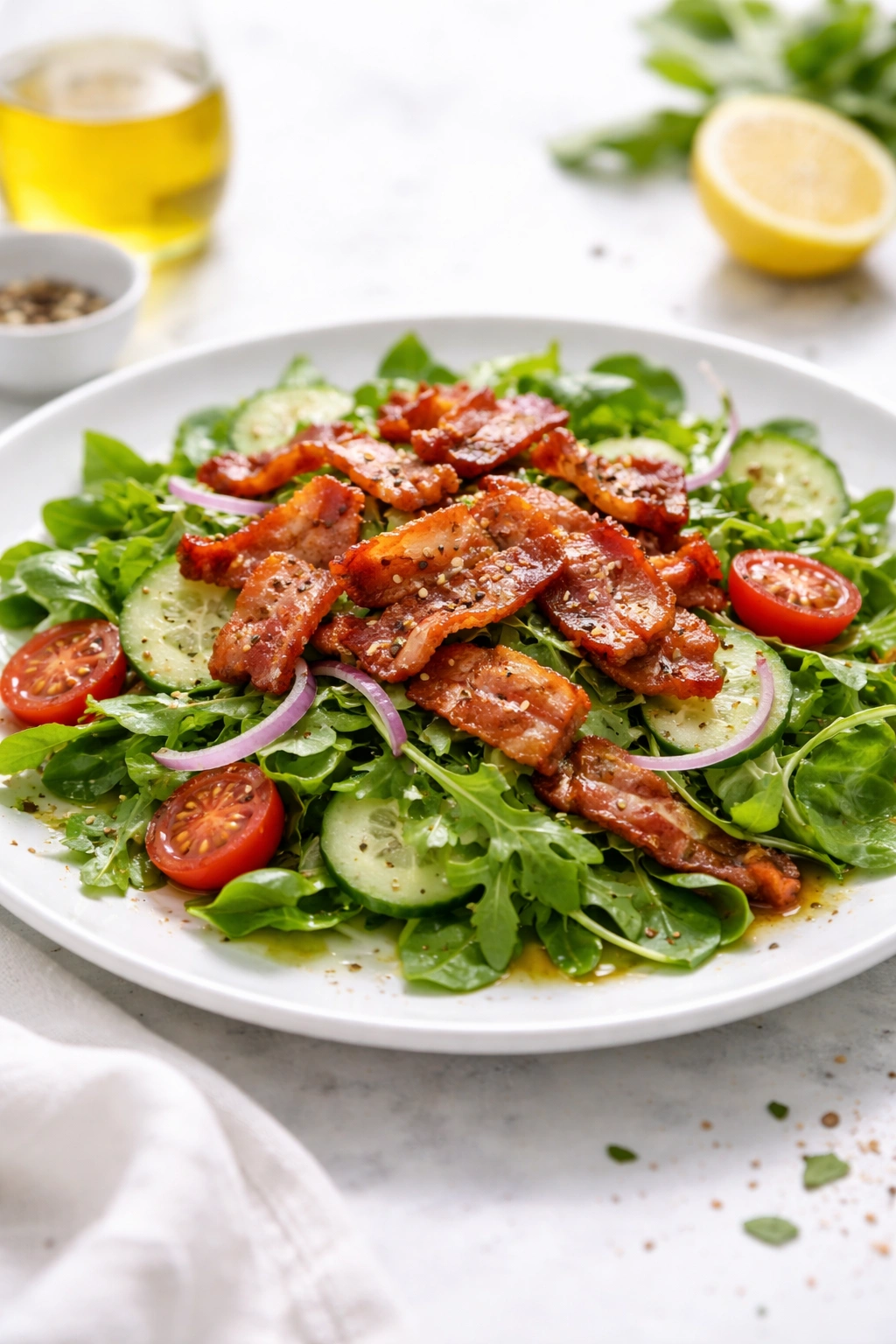 Close-up of bacon salad showcasing crisp bacon and bright greens.